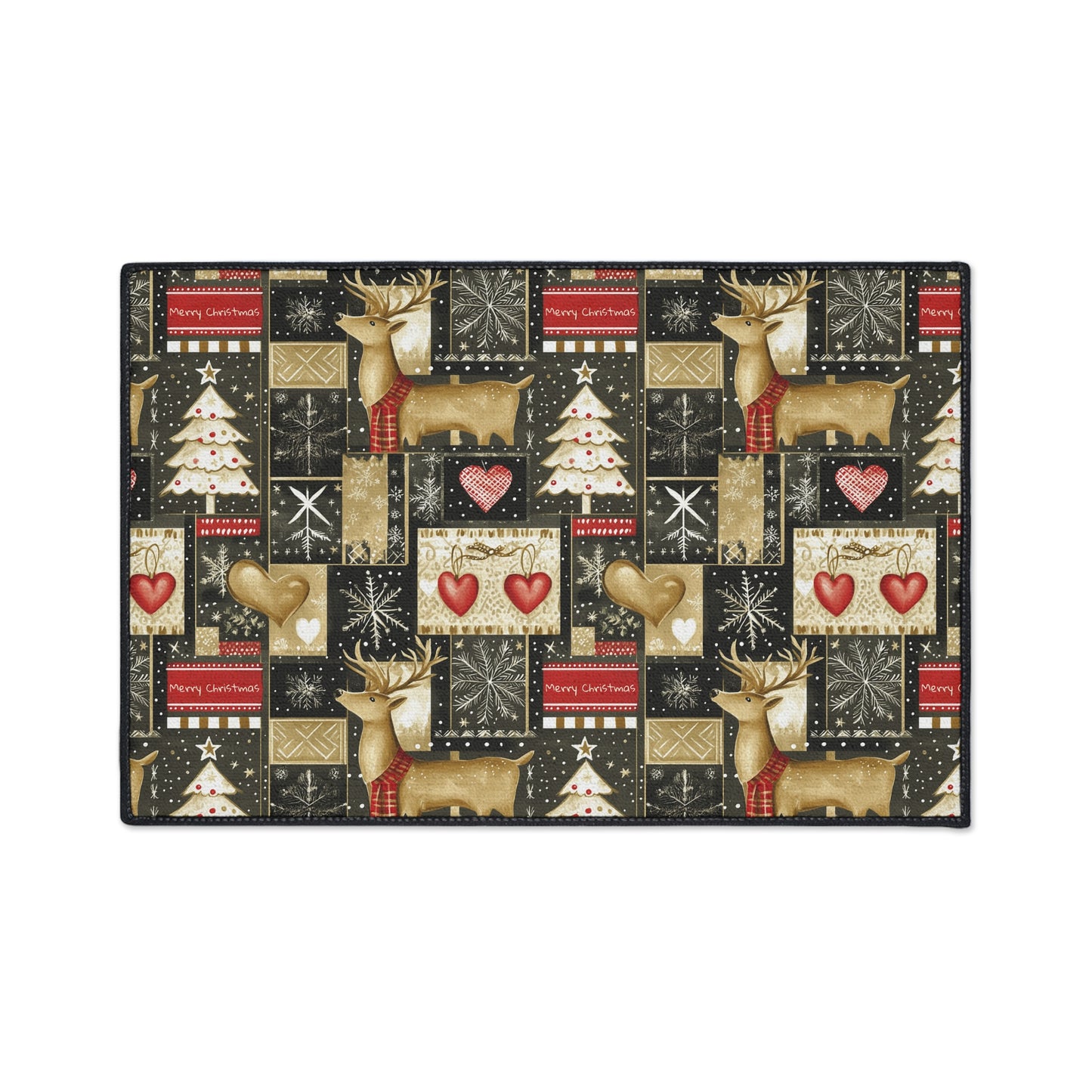 Christmas Reindeer Patchwork Floor Mat — Heavy Duty Holiday Entry Rug