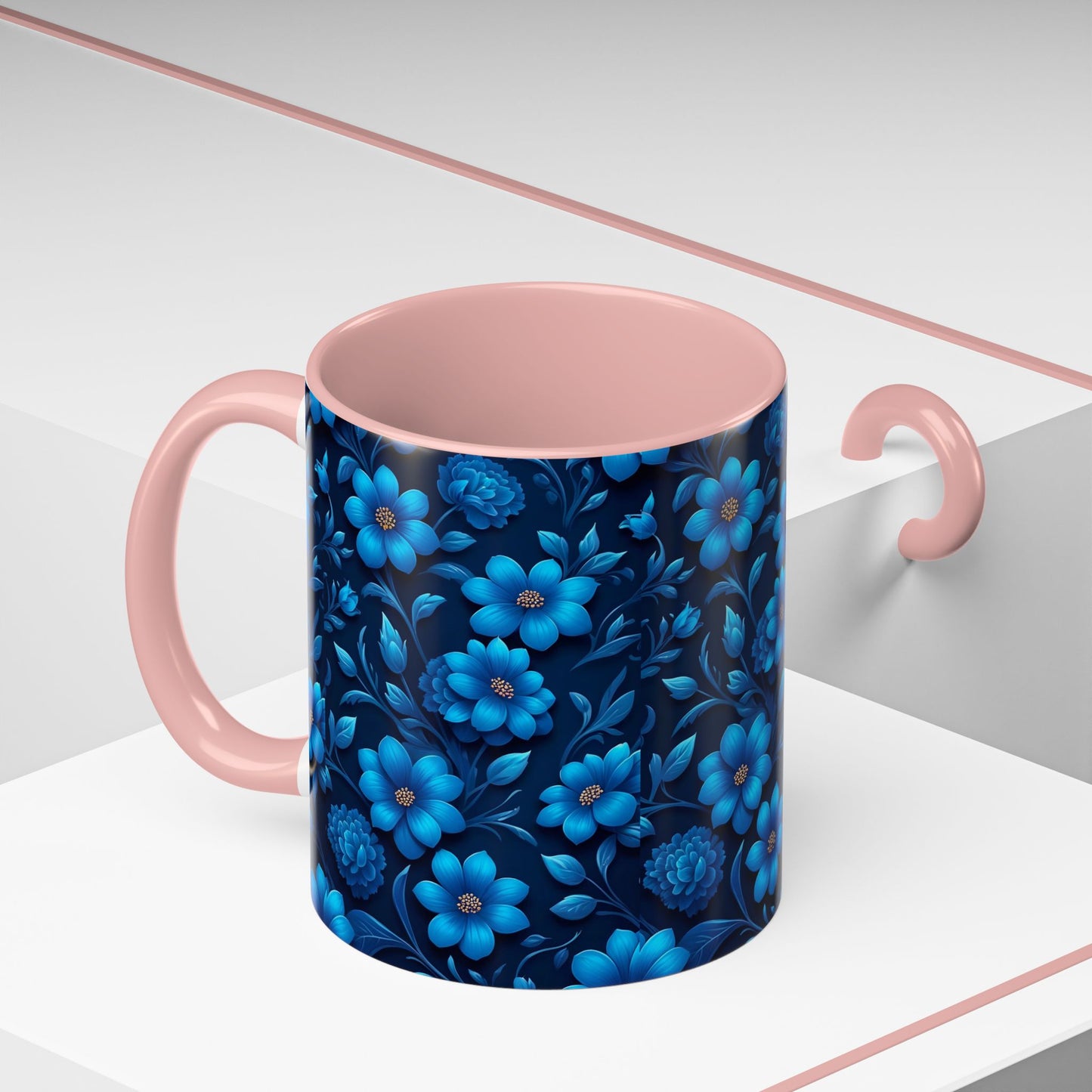 Floral Accent Coffee Mug, Blue Flower Mug, Ceramic Coffee Cup, Gift for Her, Nature-Themed Drinkware, Floral Home Decor, Unique Mug