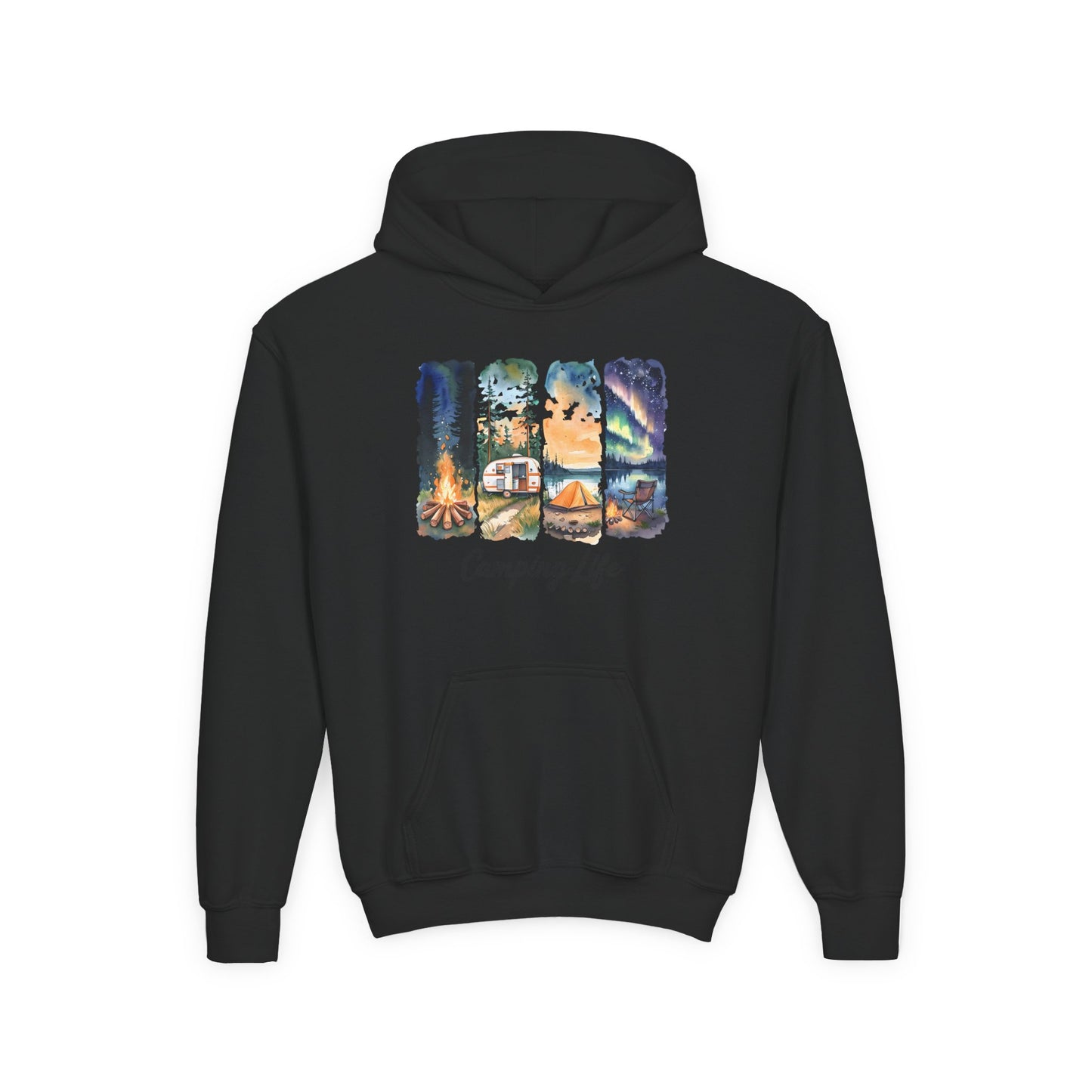 Youth Camping Life Hoodie — Scenic Campfire, Tent & Camper Pullover
