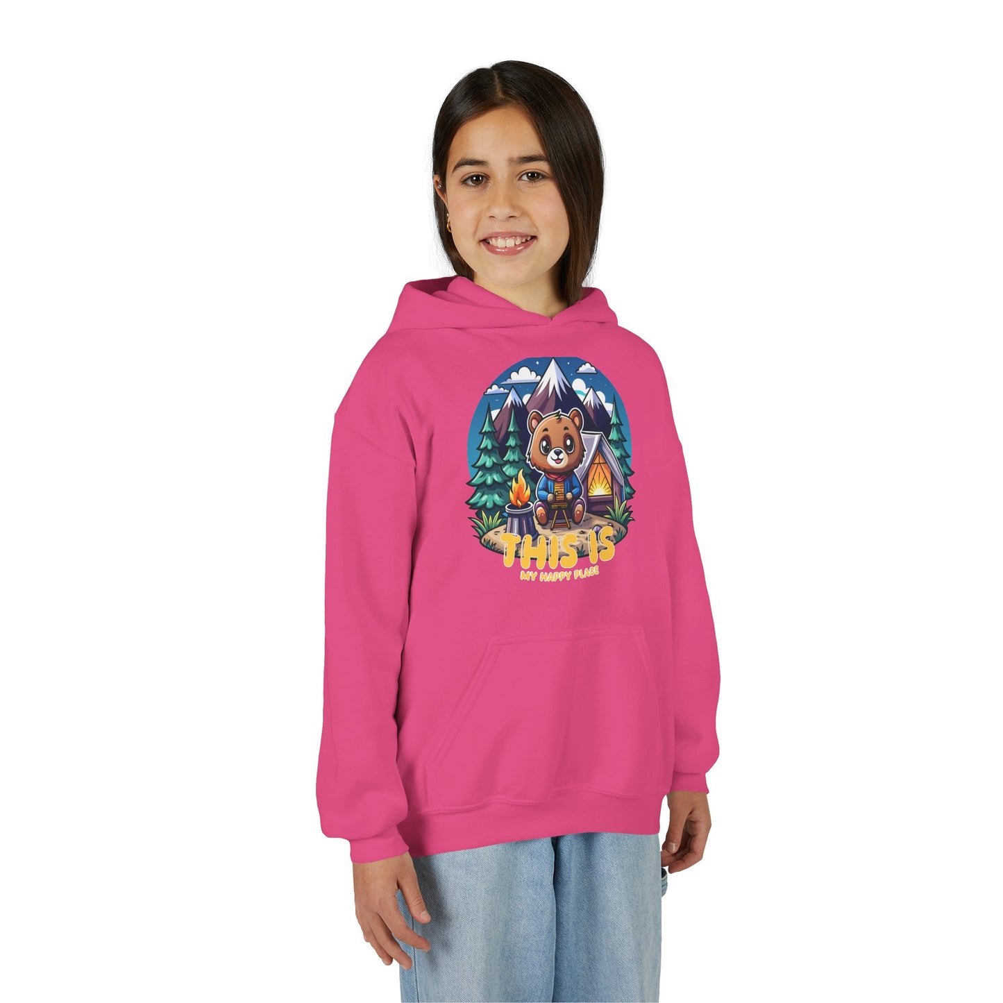 Youth Bear Camping Hoodie — "This is My Happy Place" Cozy Kid’s Outdoor Sweatshirt