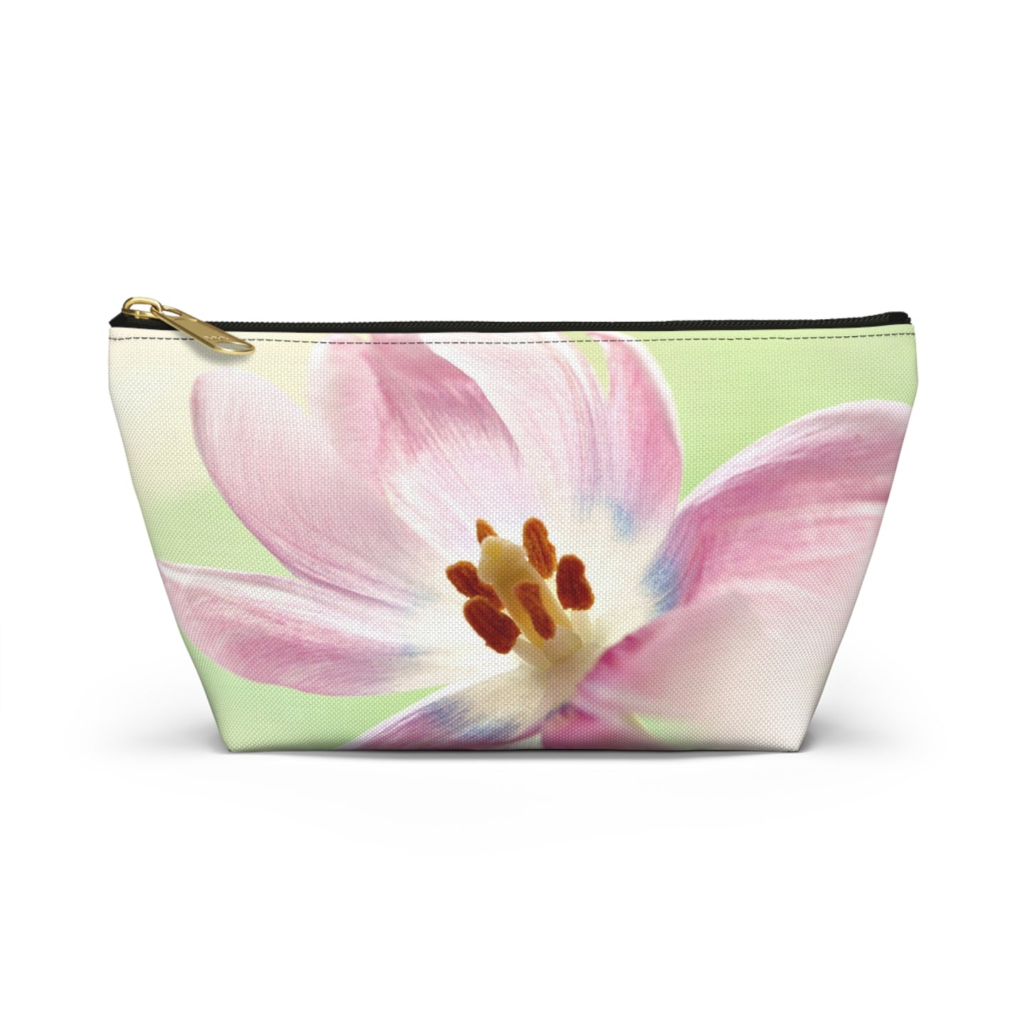 Pink Tulip Floral Accessory Pouch — Cosmetic Makeup Bag with T-Bottom