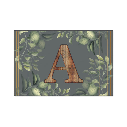 Personalized Monogram Floor Mat - Rustic Wood 'A' with Greenery Welcome Rug - Letter A