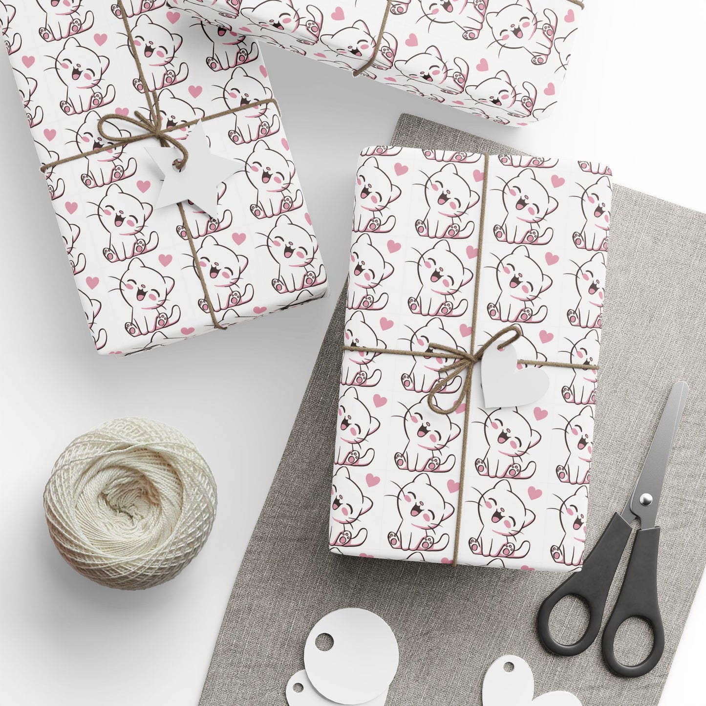 Wrapping Paper Roll — Cute Blushing Cat Pattern with Pink Hearts