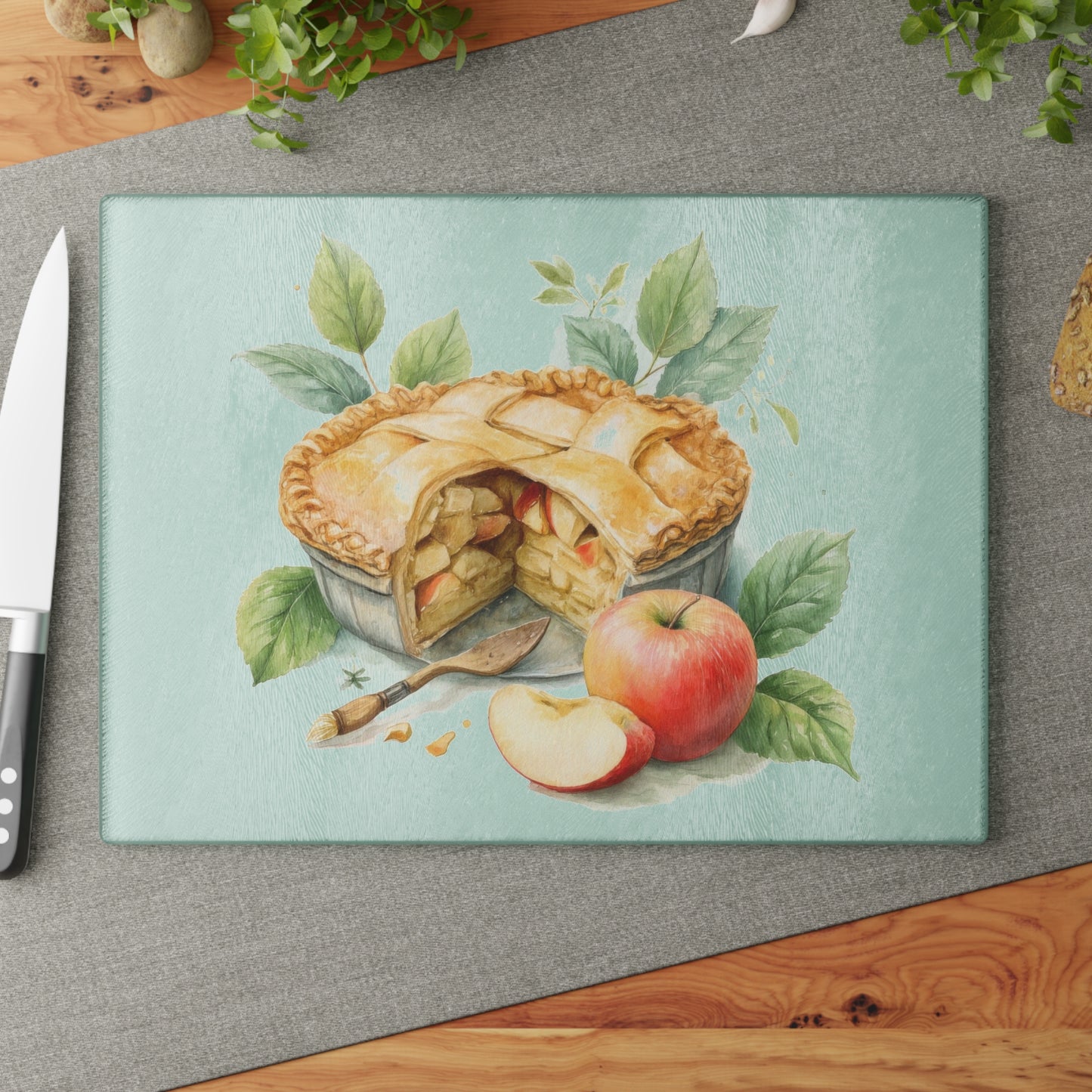 Artisan Glass Cutting Board with Apple Pie Design, Kitchen Decor, Gift for Bakers, Home Cooking, Foodie Gift