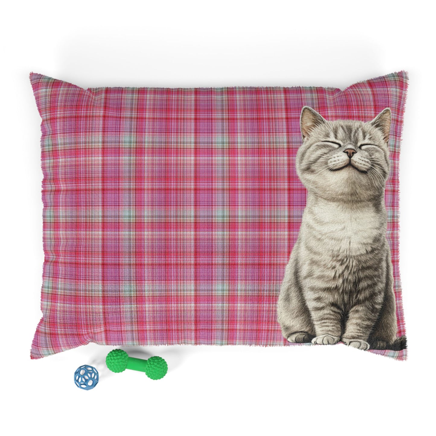 Smiling Gray Cat Plaid Pet Bed — Cozy Pink Cat Bed for Cats & Kittens