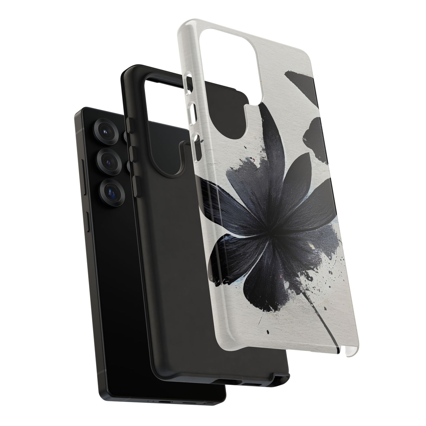 Monochrome Floral Tough Phone Case — Black Ink Flower Protective Cover