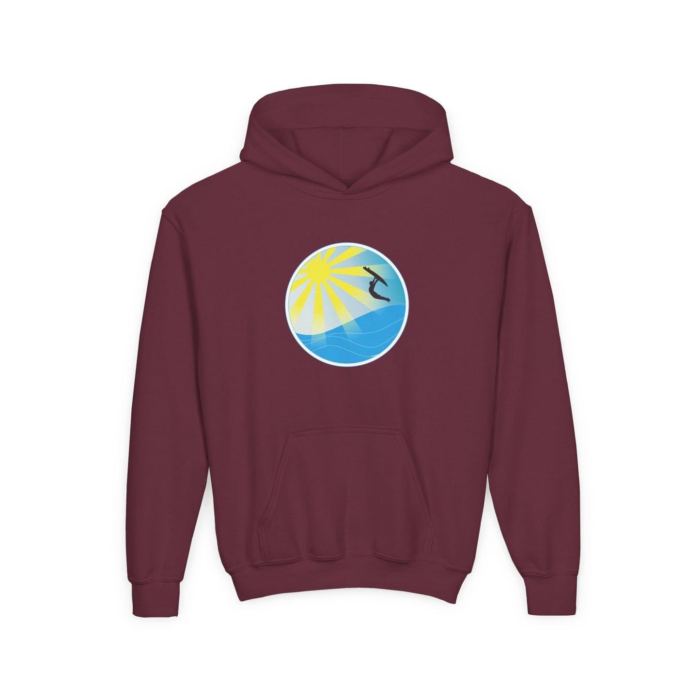 Sunrise Surf Circle Youth Hoodie | Surfing Wave Graphic
