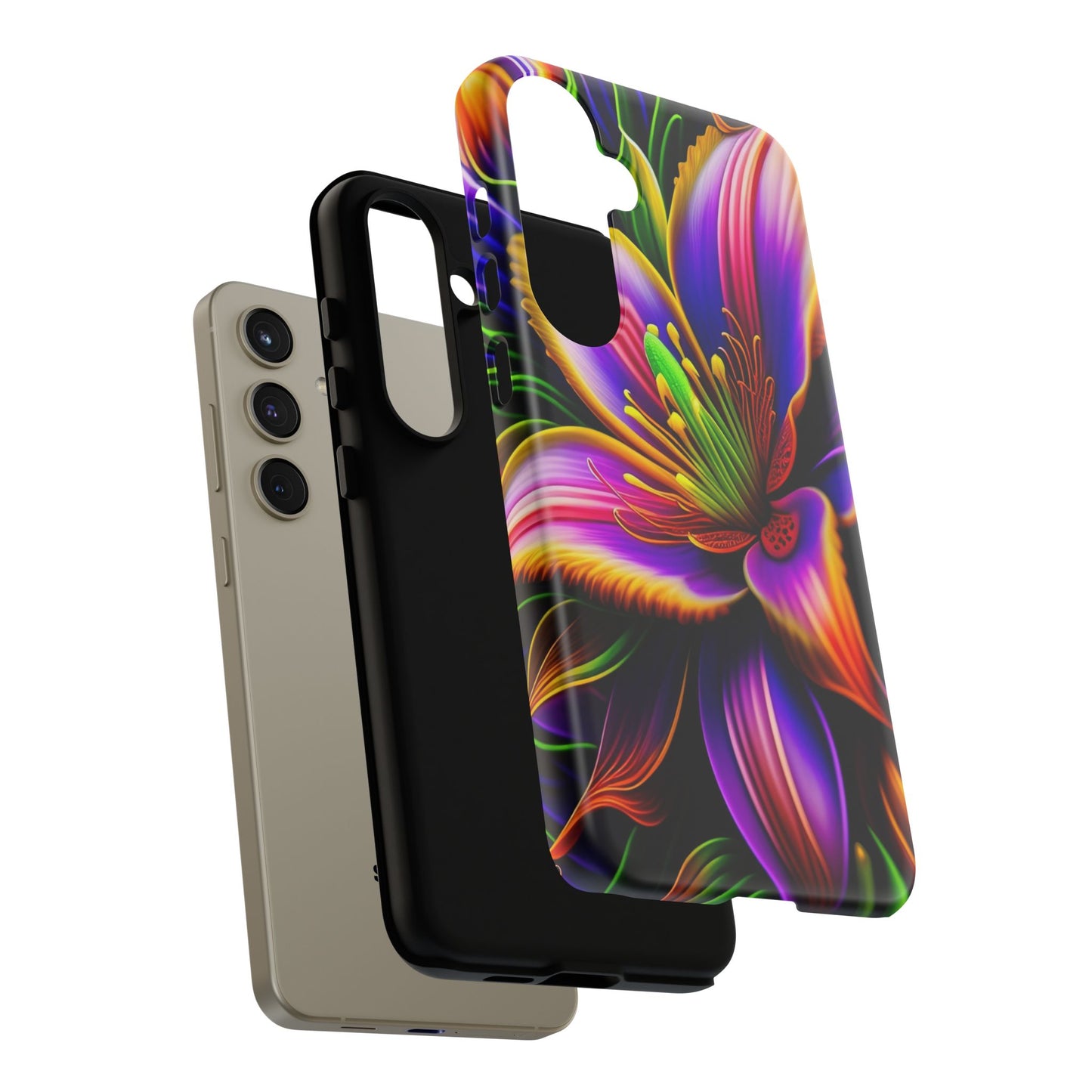 Floral Neon Tough Phone Case — Vivid Purple & Orange Lily Protective Cover