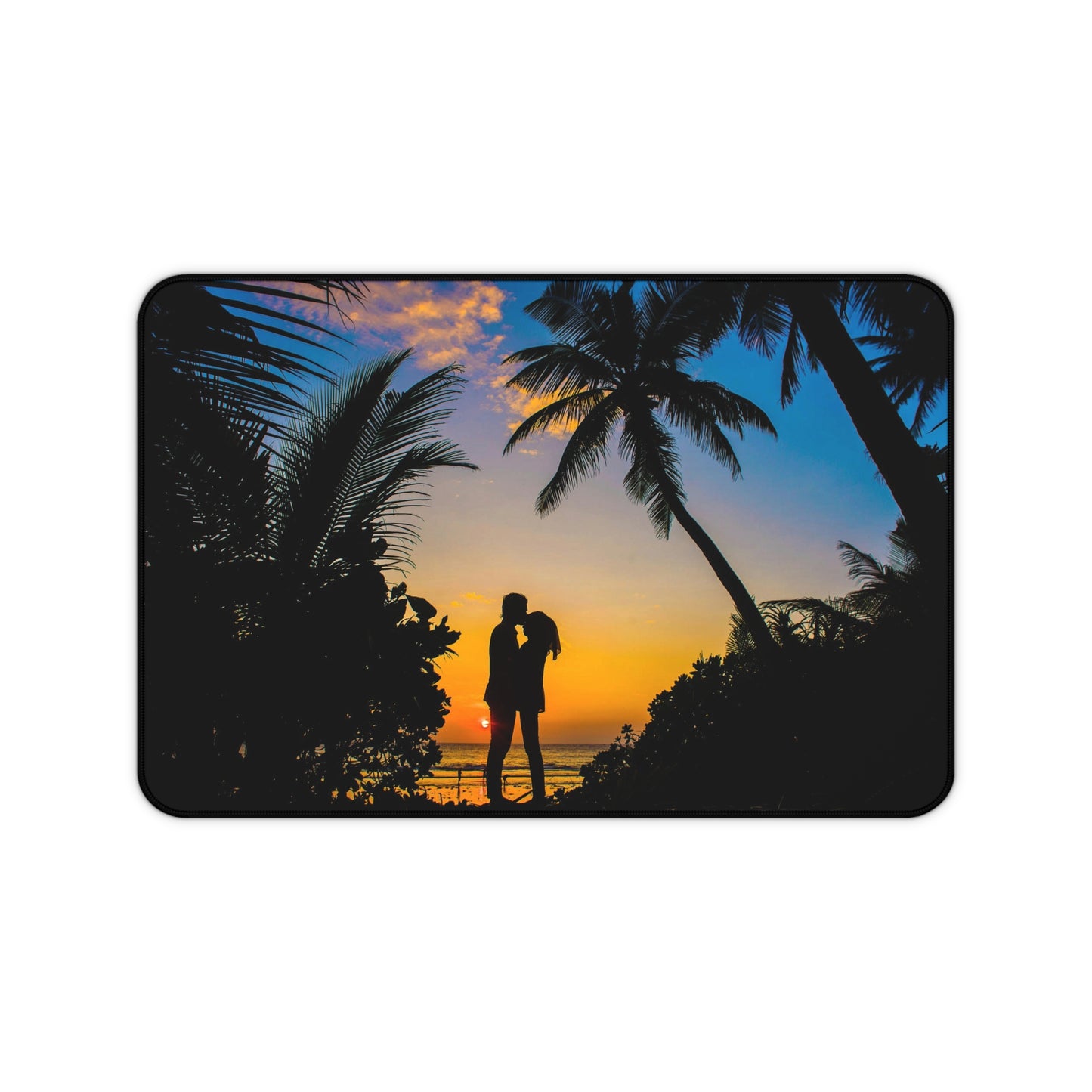 Sunset Beach Romance Desk Mat — Tropical Couple Silhouette Mouse Pad