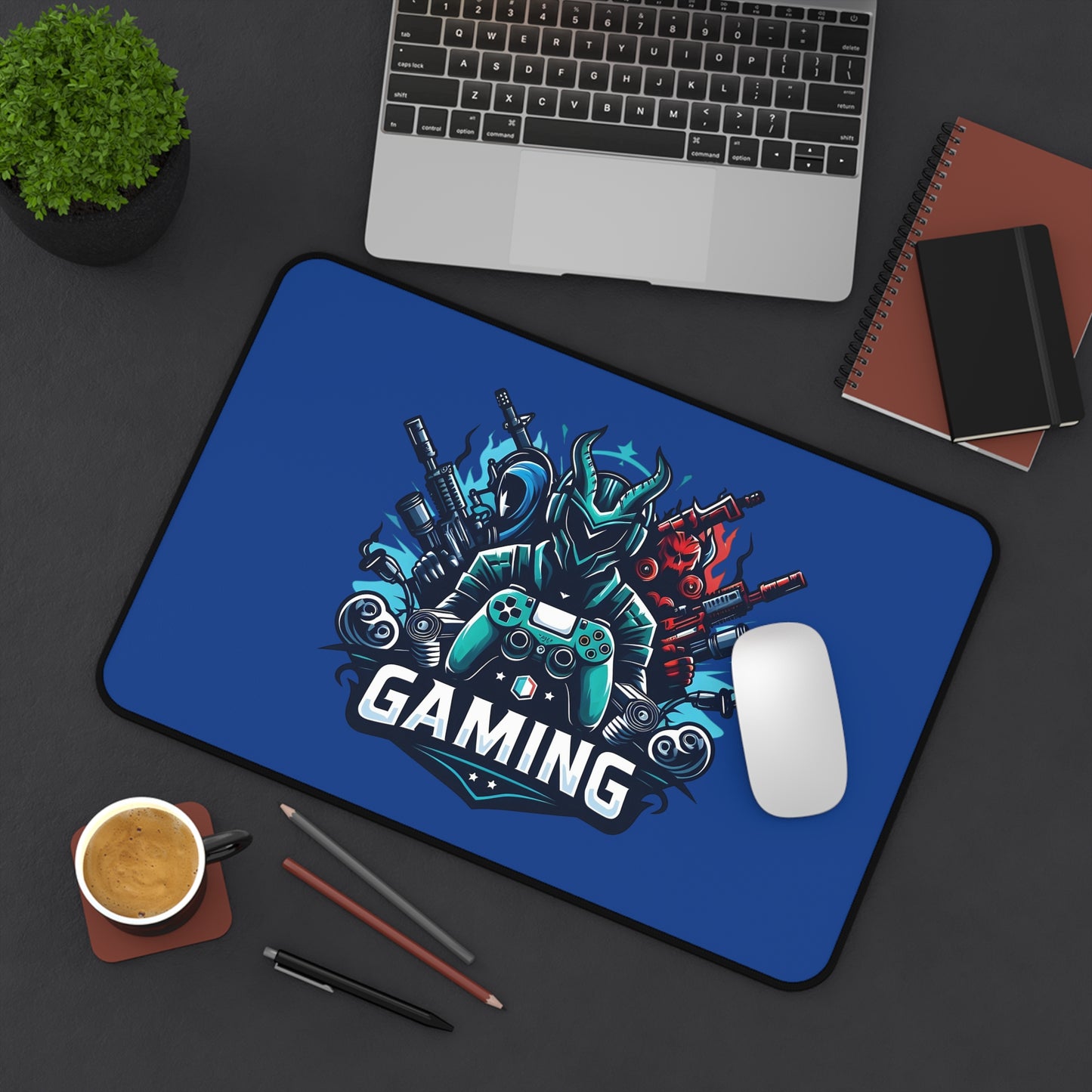 Gaming Desk Mat — Blue Gamer Mouse Pad with Controller Emblem