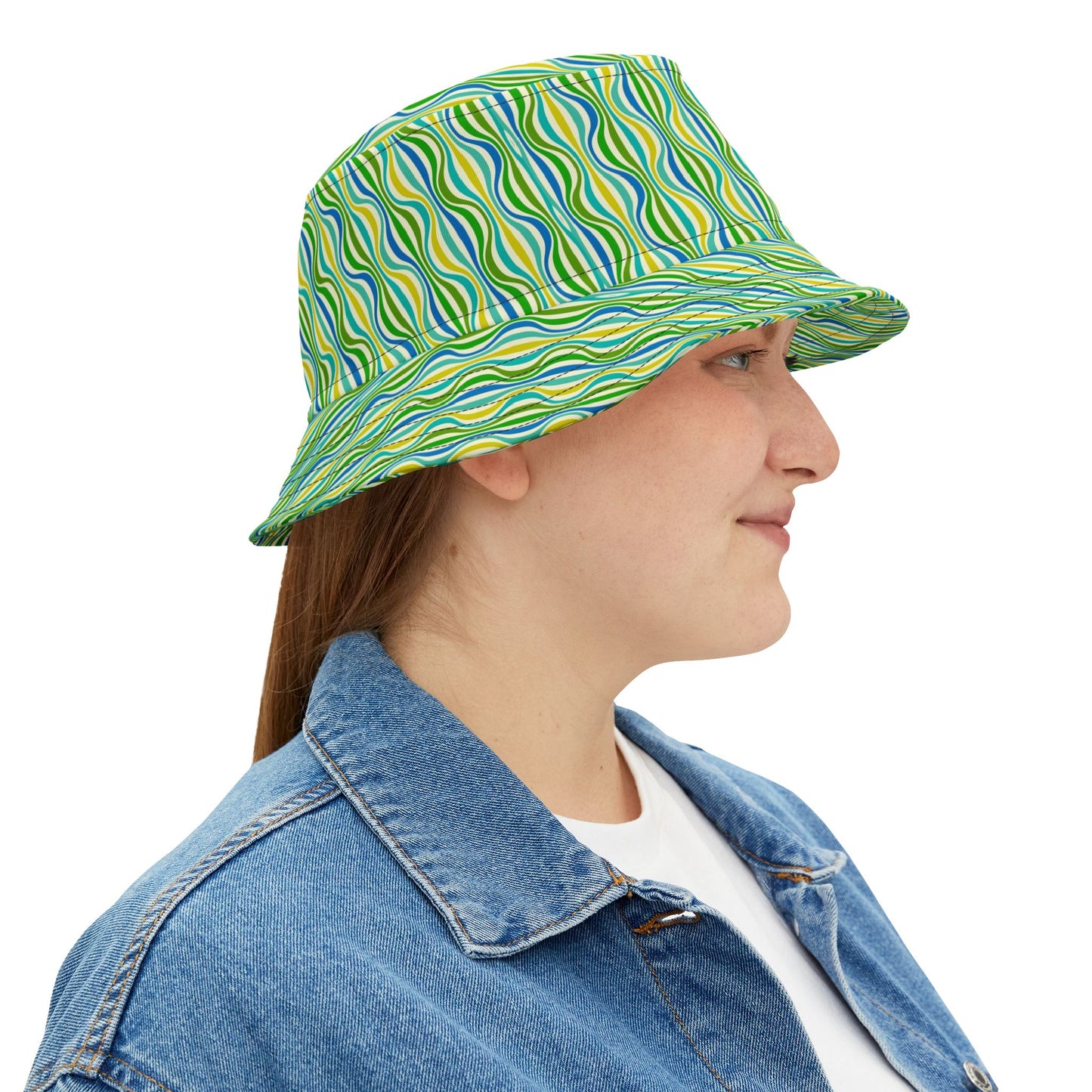 Green Wave Pattern Bucket Hat — Retro Groovy Summer Sun Hat