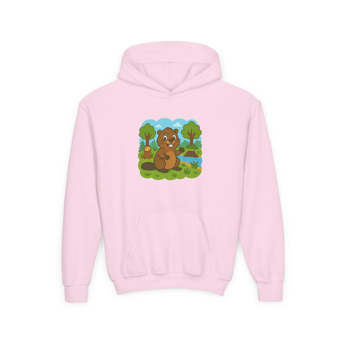 Cartoon Beaver Forest Scene Youth Hoodie | Woodland Animal Kids Sweatshirt