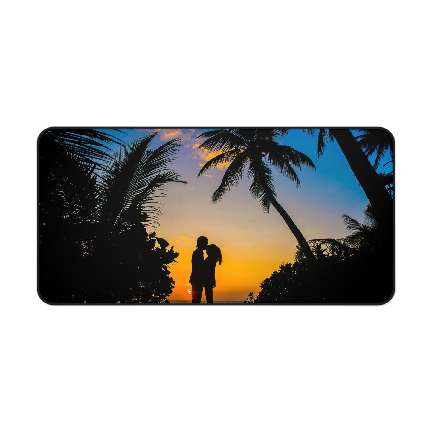 Sunset Beach Romance Desk Mat — Tropical Couple Silhouette Mouse Pad
