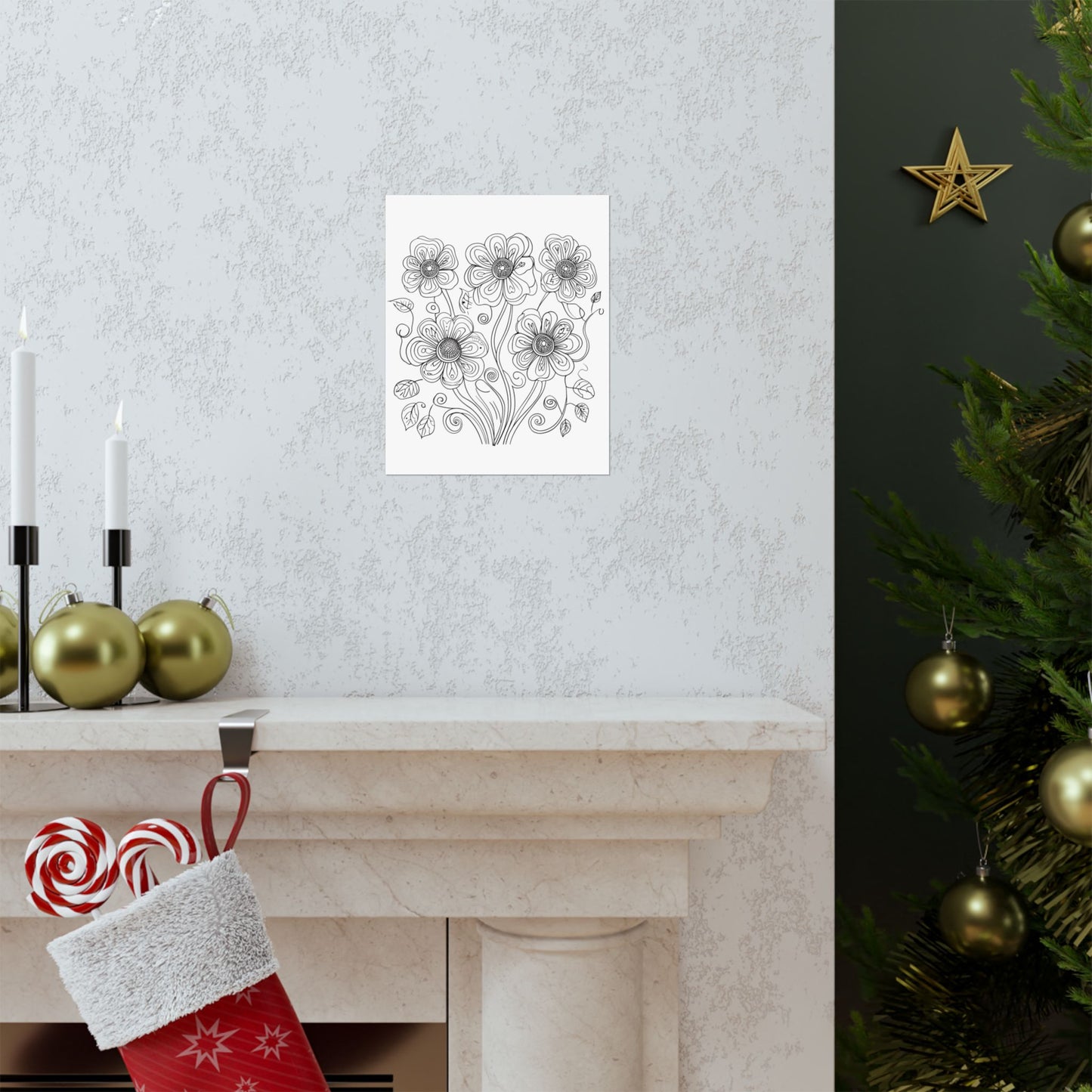Floral Line Art Poster — Black & White Daisy Bouquet Matte Print - DIY