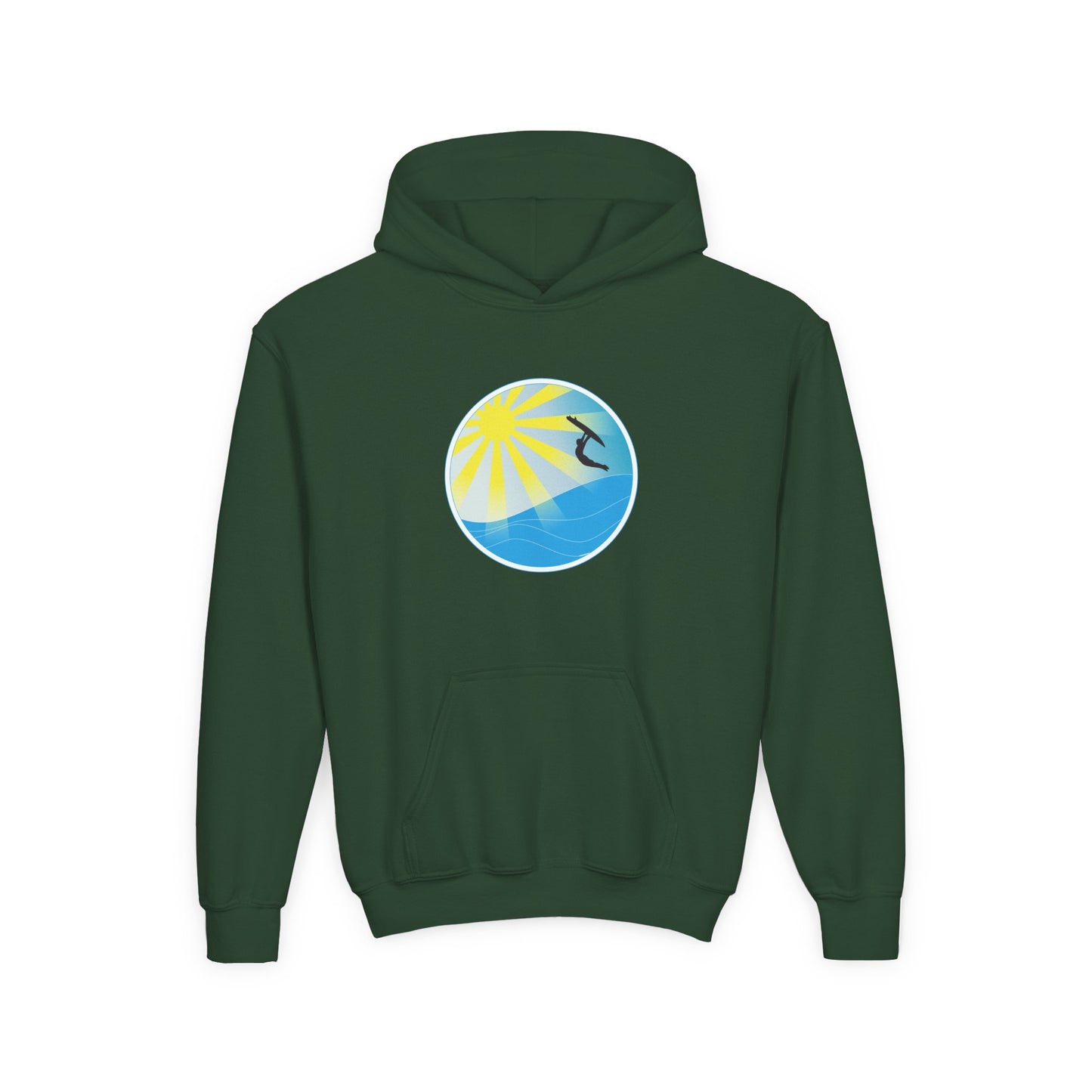 Sunrise Surf Circle Youth Hoodie | Surfing Wave Graphic