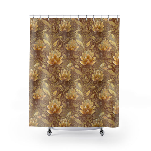 Vintage Golden Lotus Shower Curtain — Floral Bathroom Decor