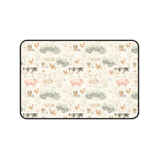 Farmhouse Animals Desk Mat — Vintage Tractor, Pig & Chicken Pattern
