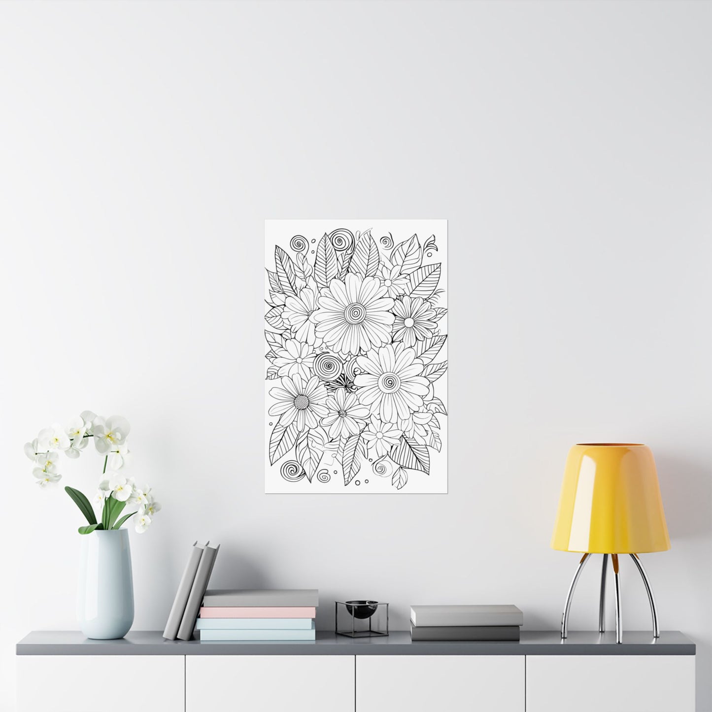 DIY Botanical Doodle Poster — Black & White Floral Coloring Art Print
