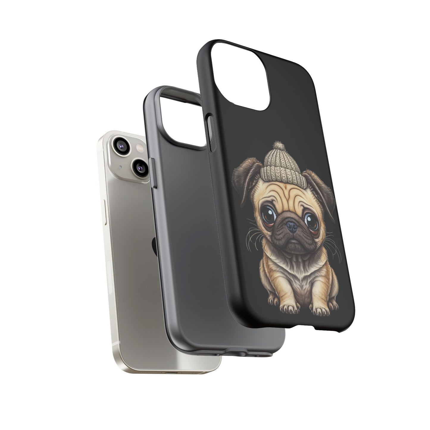 Pug Phone Case – Cute Pug Puppy Illustration on Black Tough Case