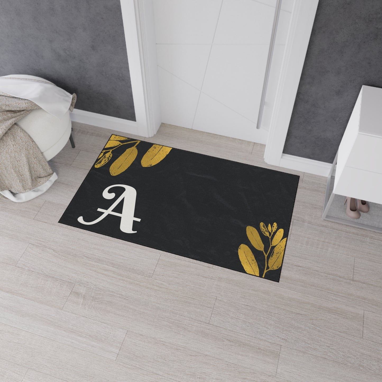 Monogram A Heavy Duty Floor Mat — Black & Gold Botanical Doormat