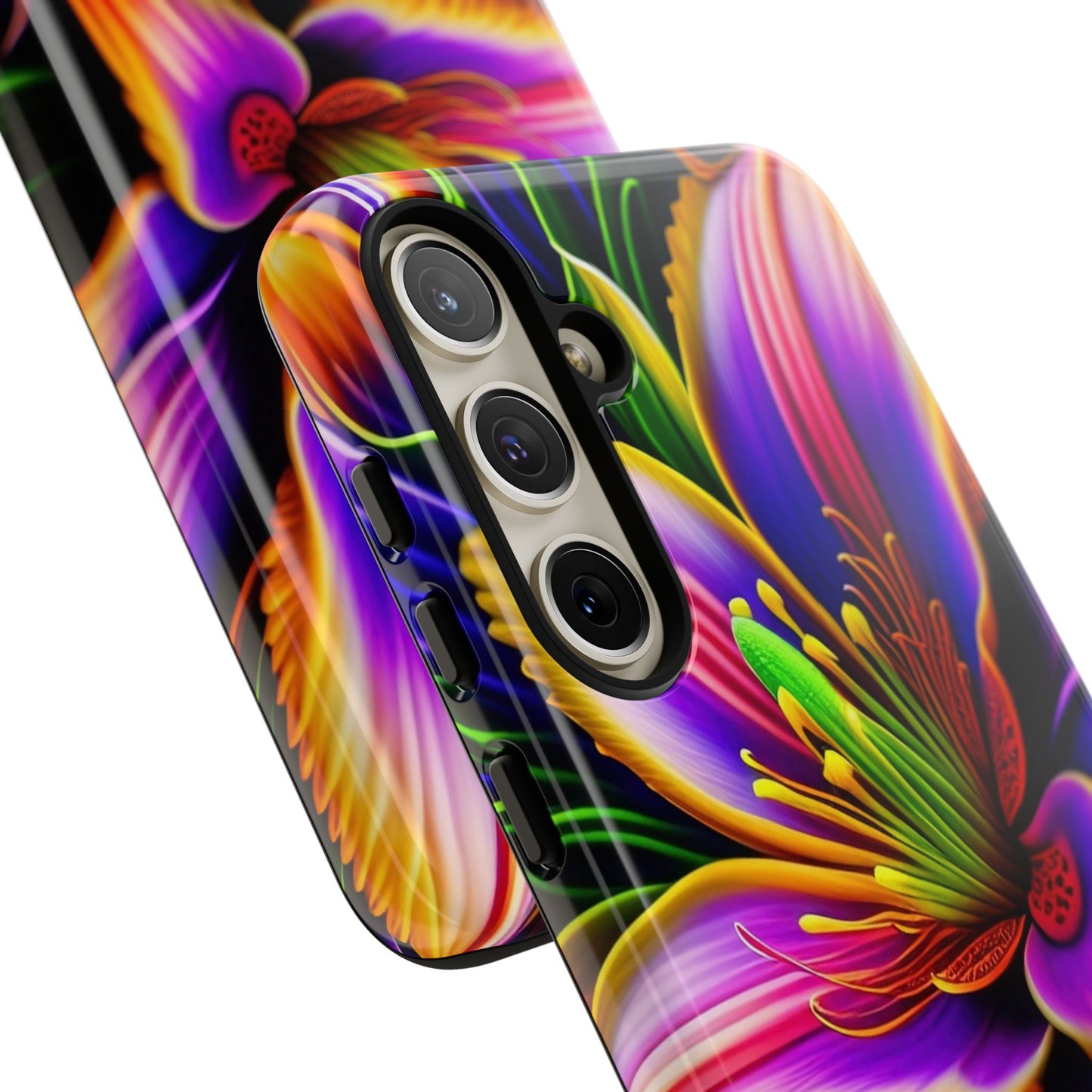 Floral Neon Tough Phone Case — Vivid Purple & Orange Lily Protective Cover