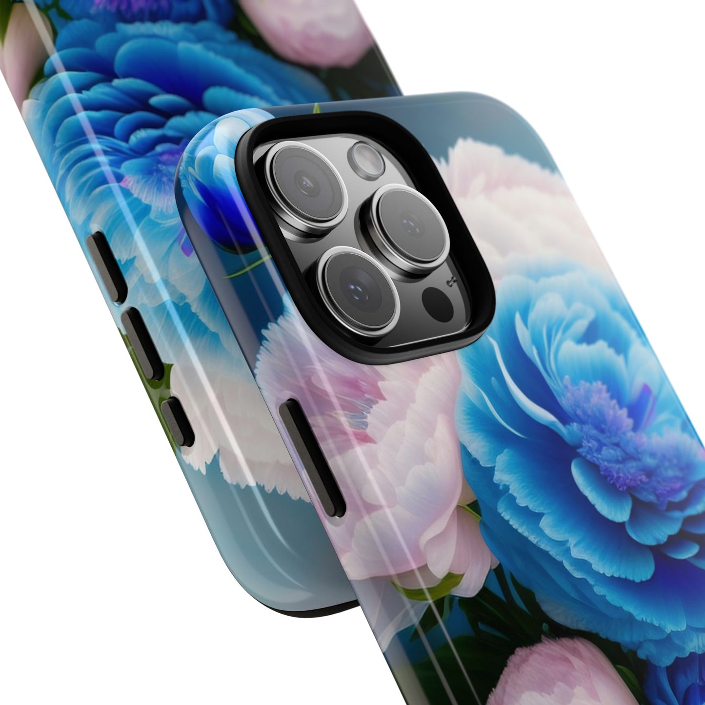 Floral Blue Peony Phone Case — Protective Tough Case with Pink & Blue Blooms