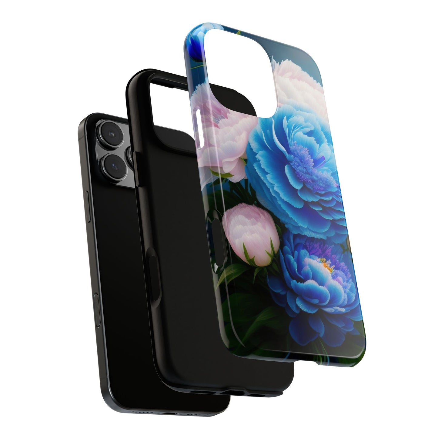 Floral Blue Peony Phone Case — Protective Tough Case with Pink & Blue Blooms