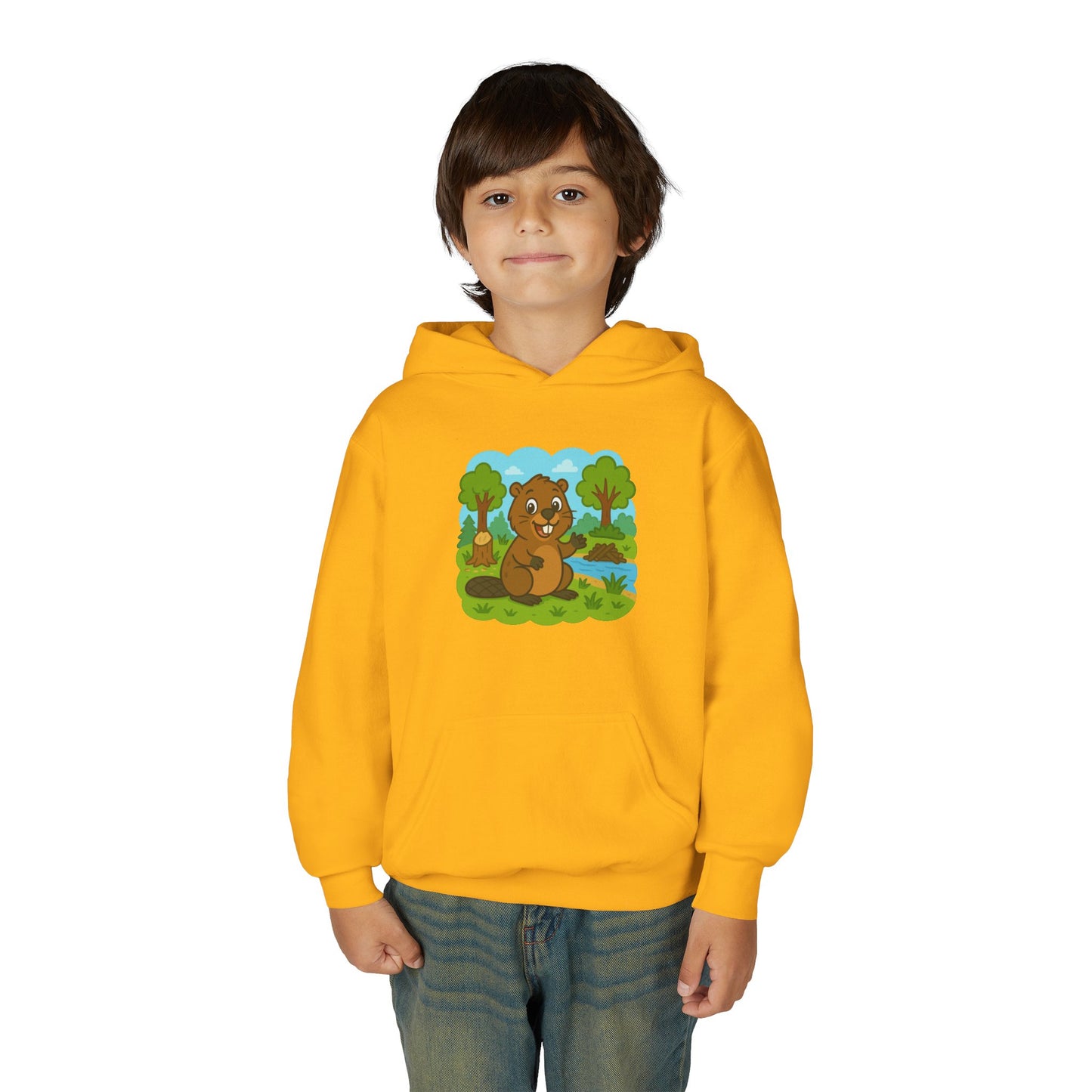 Cartoon Beaver Forest Scene Youth Hoodie | Woodland Animal Kids Sweatshirt