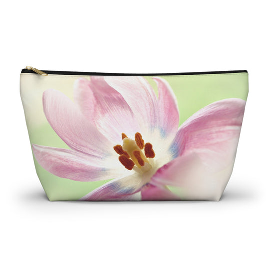 Pink Tulip Floral Accessory Pouch — Cosmetic Makeup Bag with T-Bottom