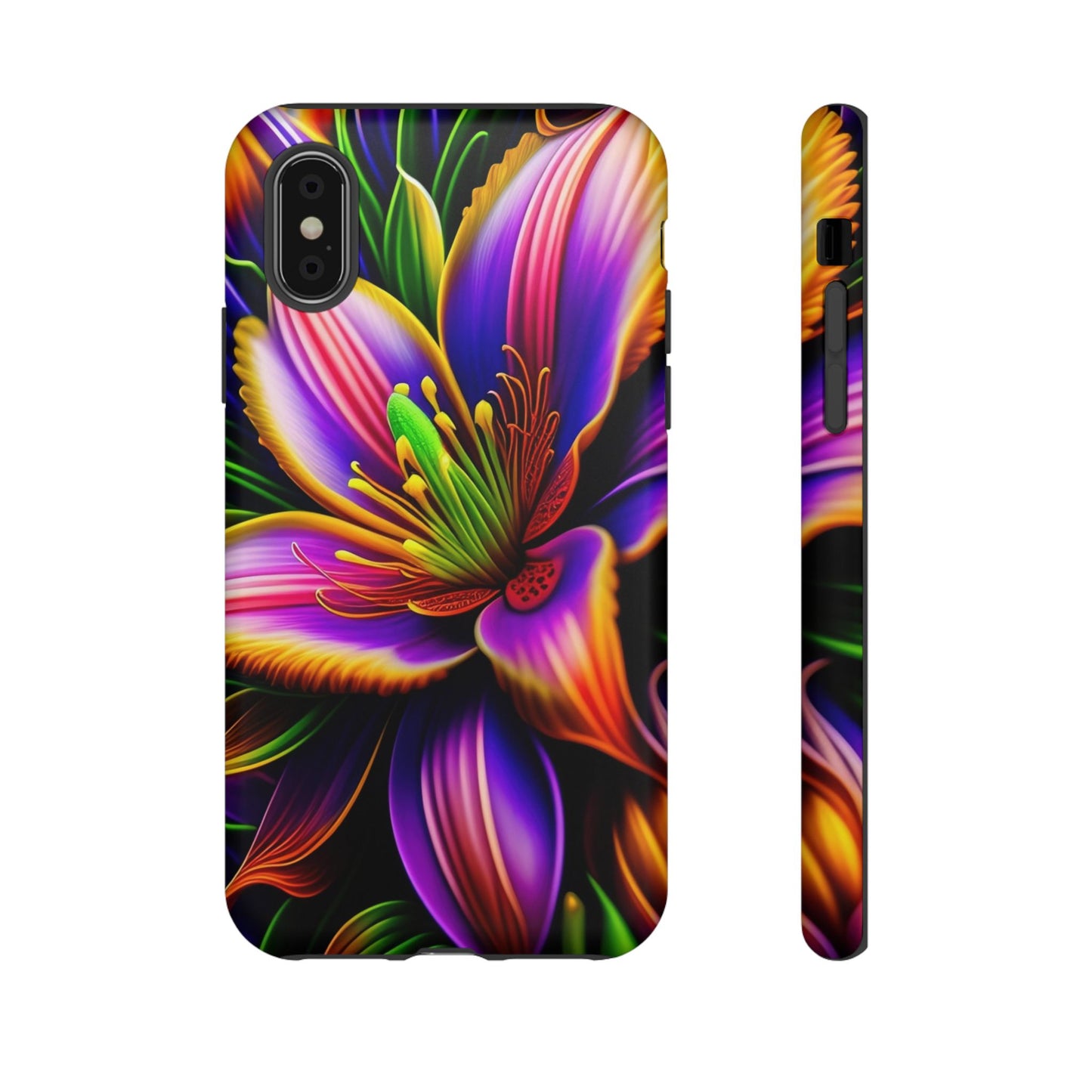 Floral Neon Tough Phone Case — Vivid Purple & Orange Lily Protective Cover