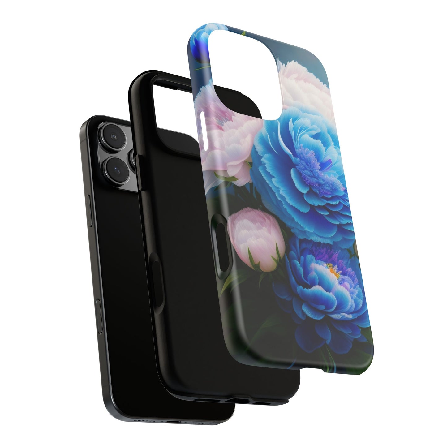 Floral Blue Peony Phone Case — Protective Tough Case with Pink & Blue Blooms
