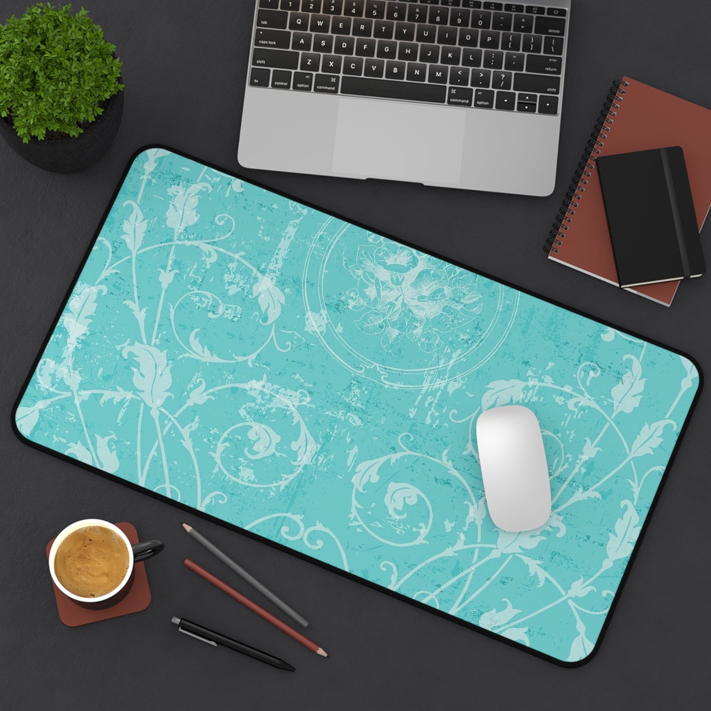 Turquoise Vintage Flourish Desk Mat — Floral Mouse Pad Surface
