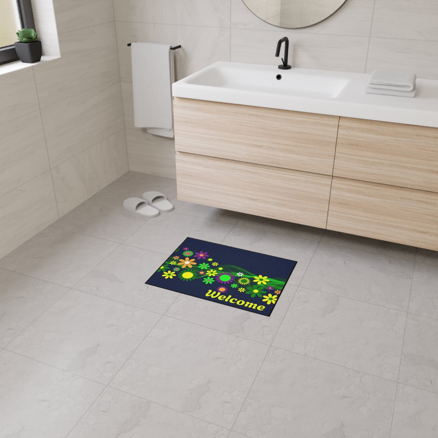 Welcome Floral Heavy-Duty Floor Mat — Colorful Spring Flowers Door Mat