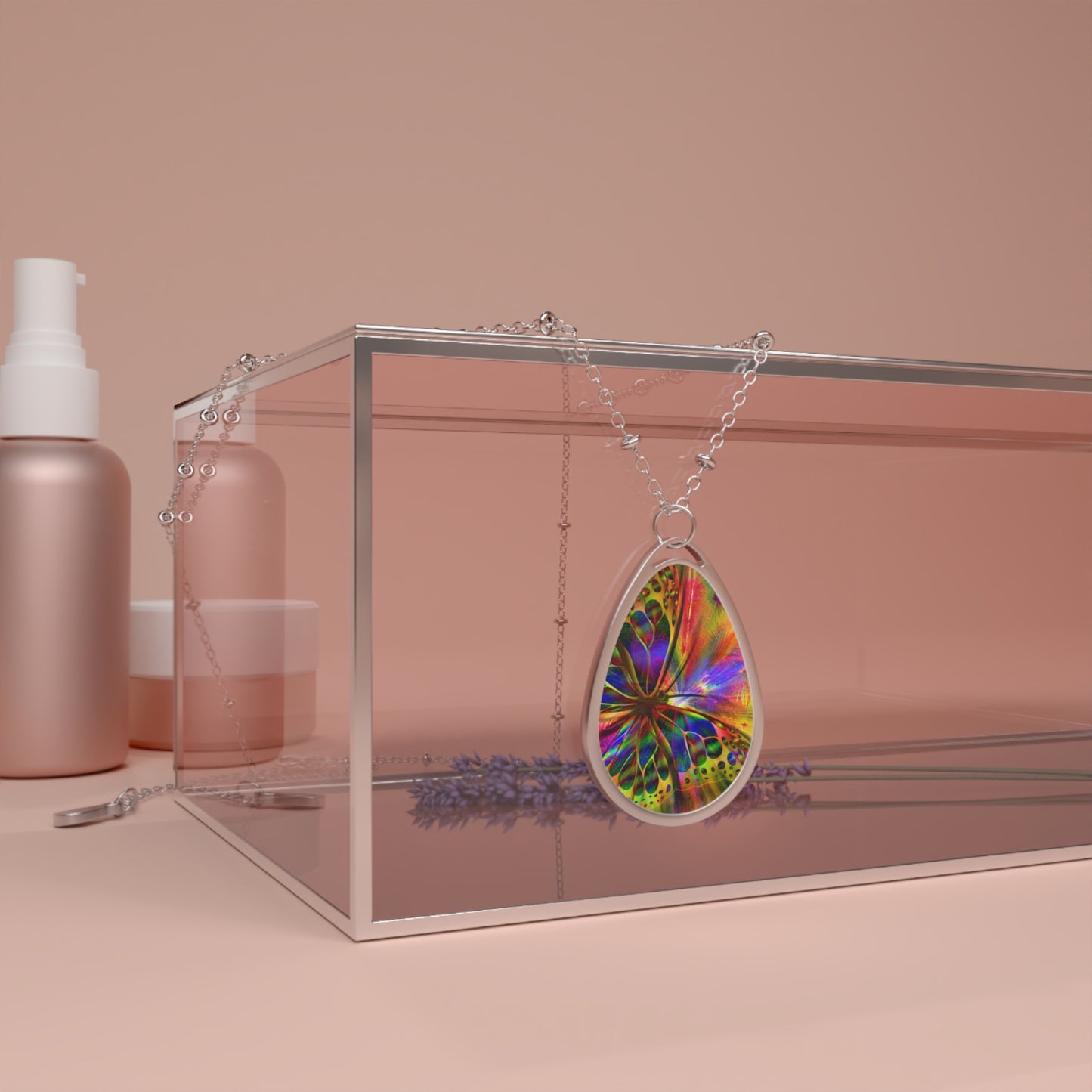 Colorful Butterfly Oval Necklace Bohemian Jewelry, Nature-Inspired Jewelry