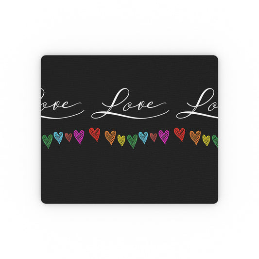 Love Rainbow Hearts Mouse Pad — Black Rectangular Desk Mat with Colorful Heart Border