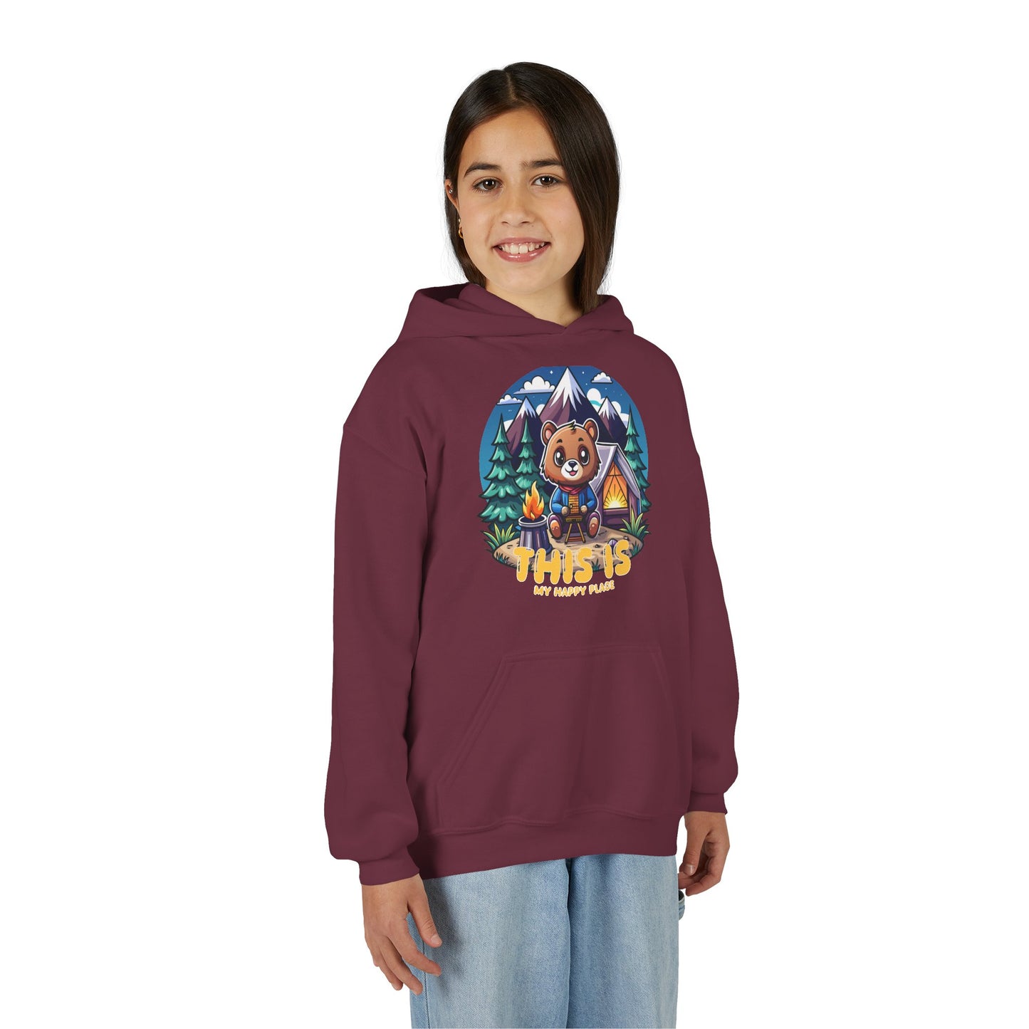 Youth Bear Camping Hoodie — "This is My Happy Place" Cozy Kid’s Outdoor Sweatshirt