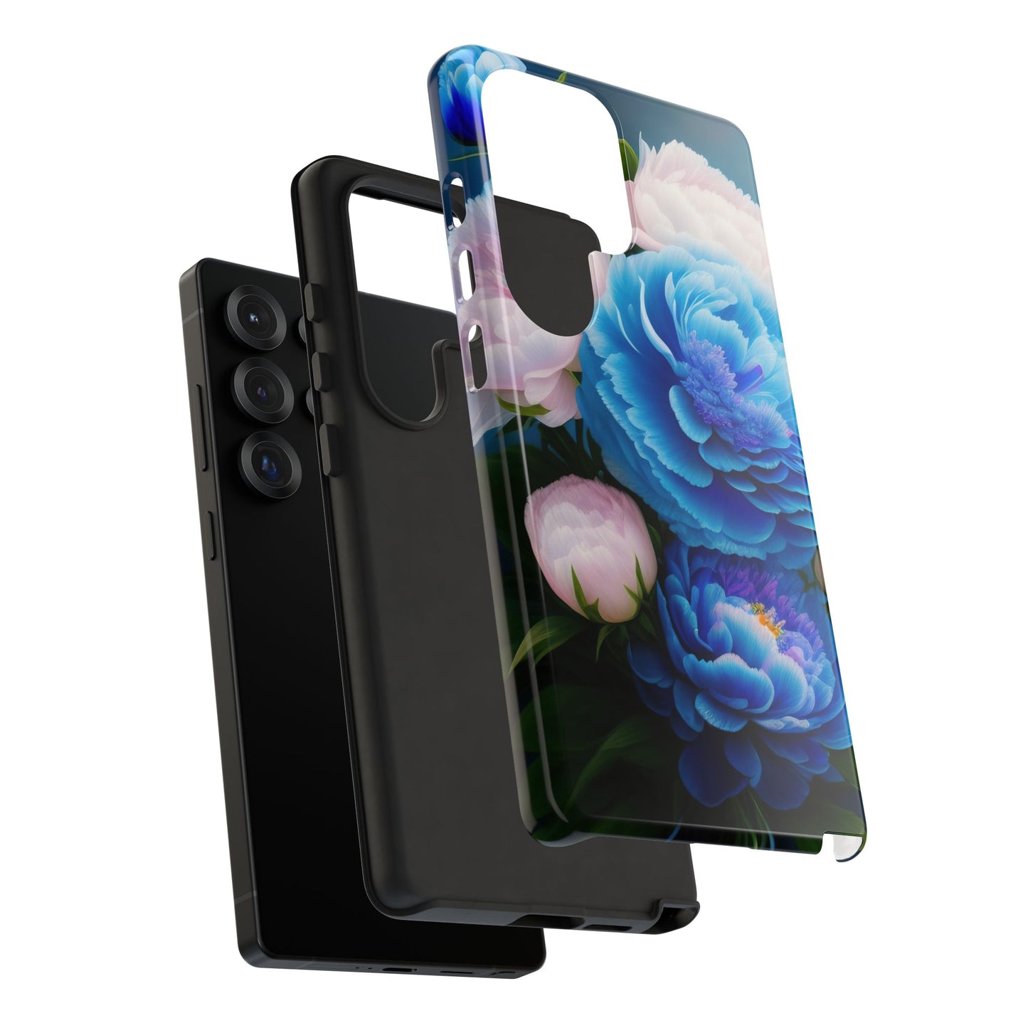 Floral Blue Peony Phone Case — Protective Tough Case with Pink & Blue Blooms