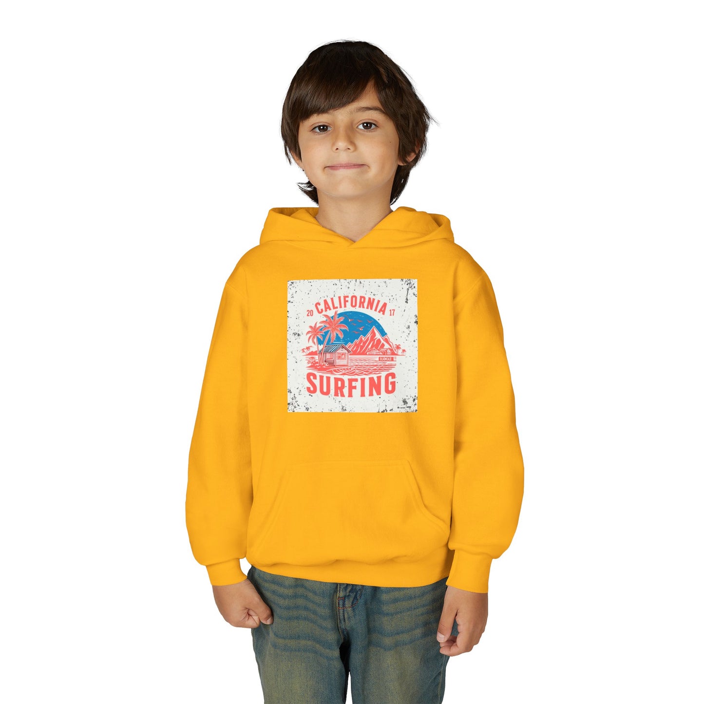 California Surfing Youth Hoodie — Retro Beach Palm Tree Surf Graphic