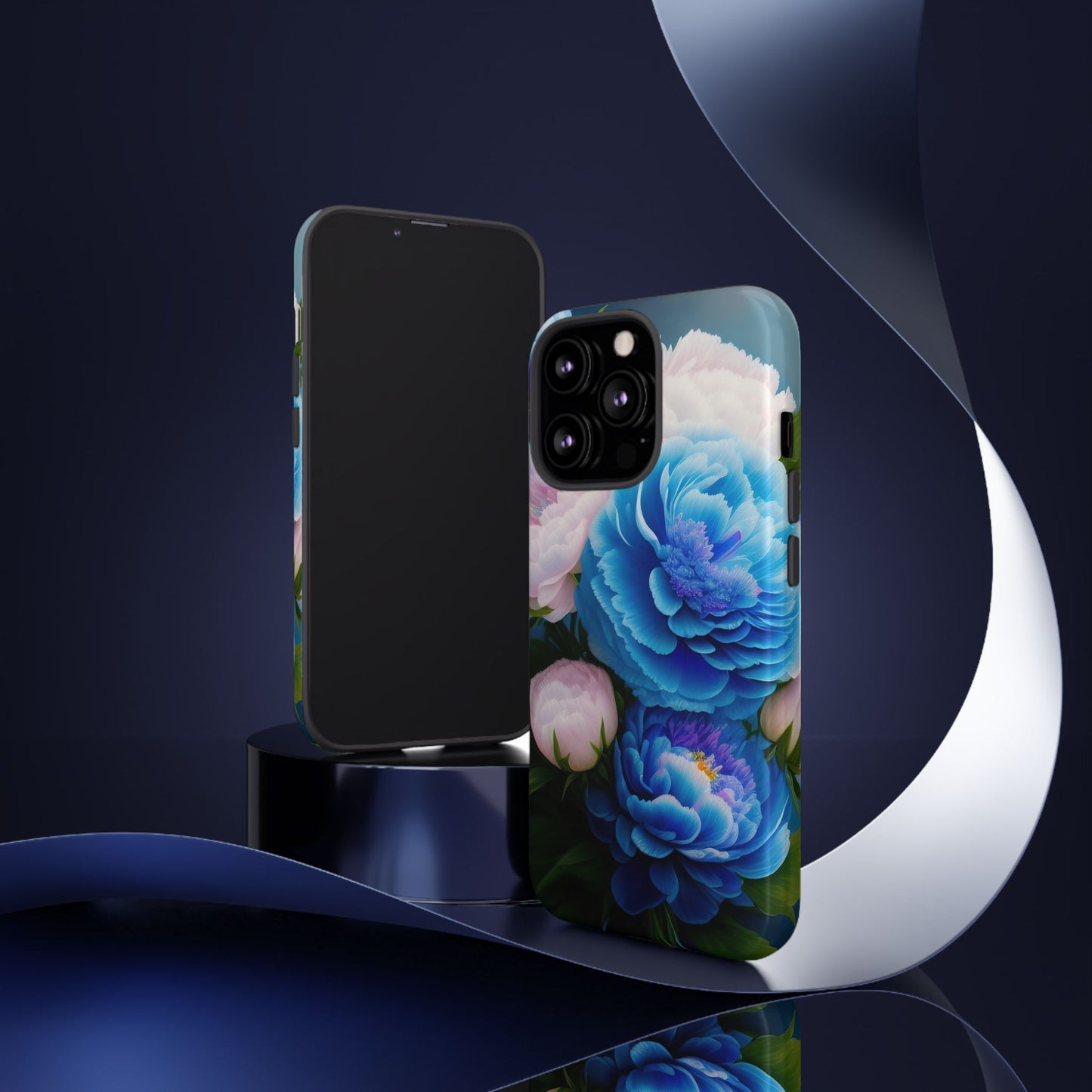 Floral Blue Peony Phone Case — Protective Tough Case with Pink & Blue Blooms