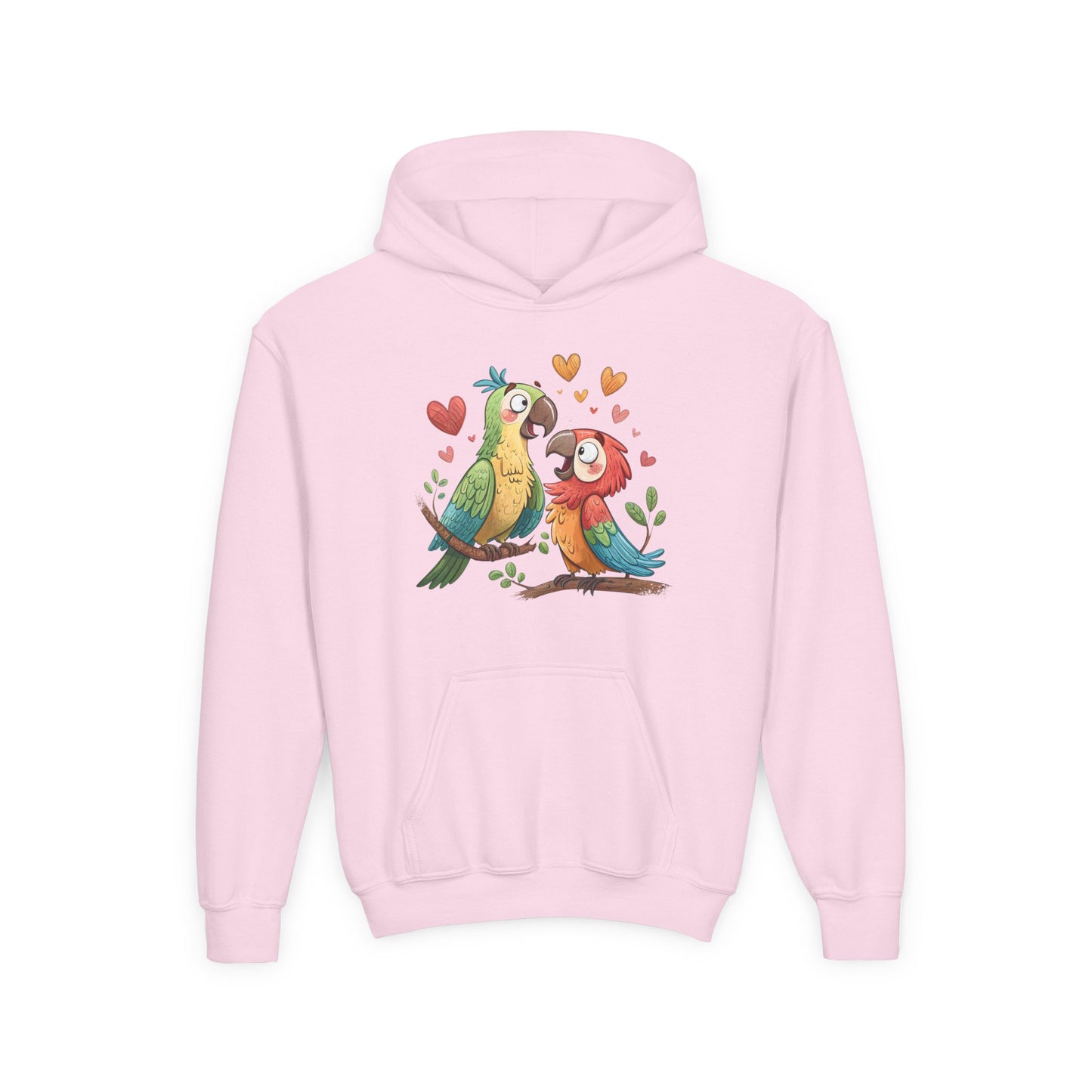 Youth Hoodie — Cute Parrot Couple Illustration (Hearts, Kids Pullover)
