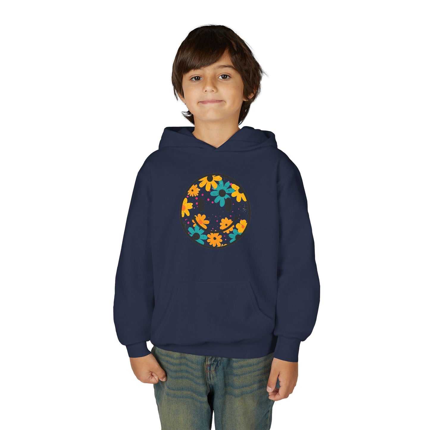 Youth Floral Hoodie – Orange & Teal Flower Circle Design