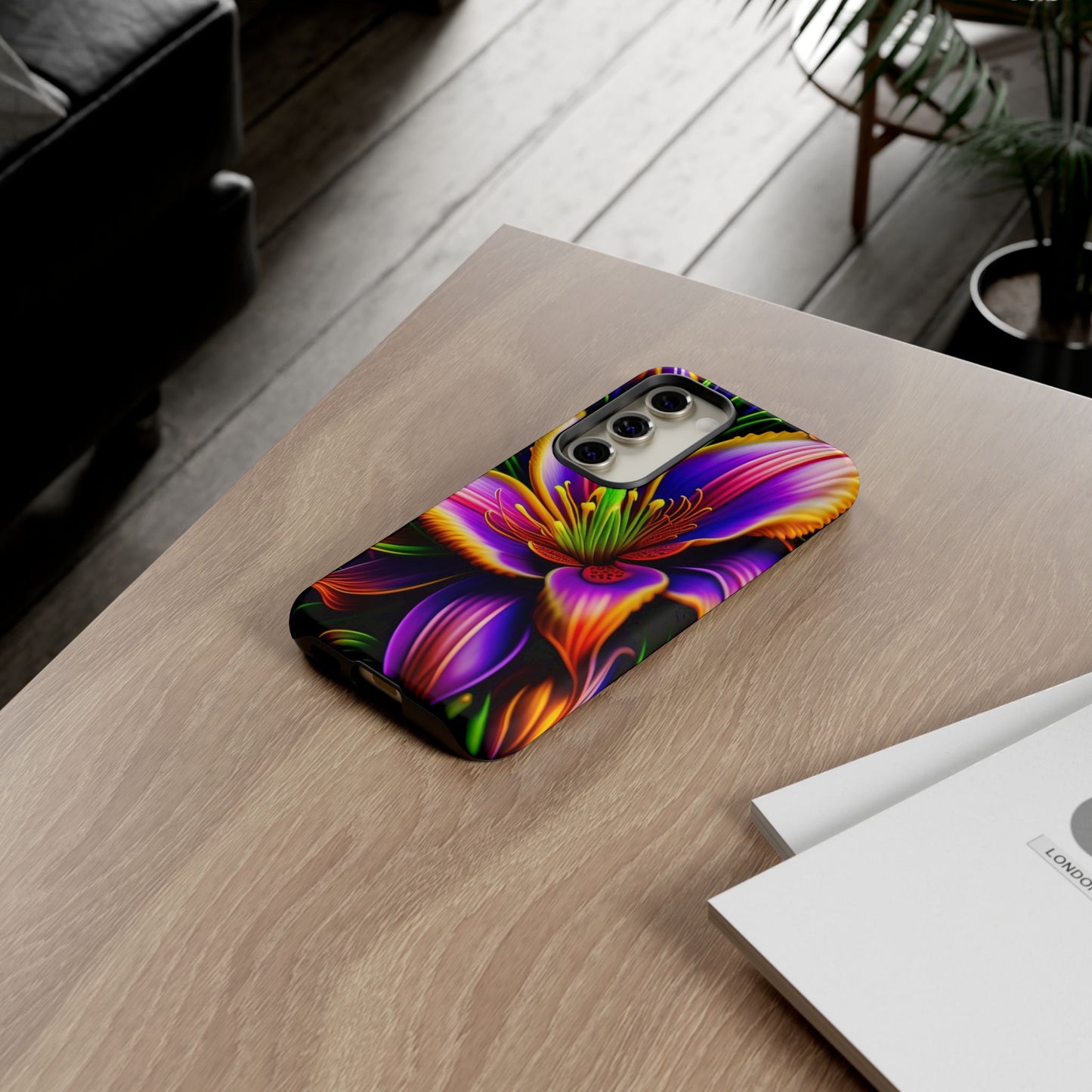 Floral Neon Tough Phone Case — Vivid Purple & Orange Lily Protective Cover