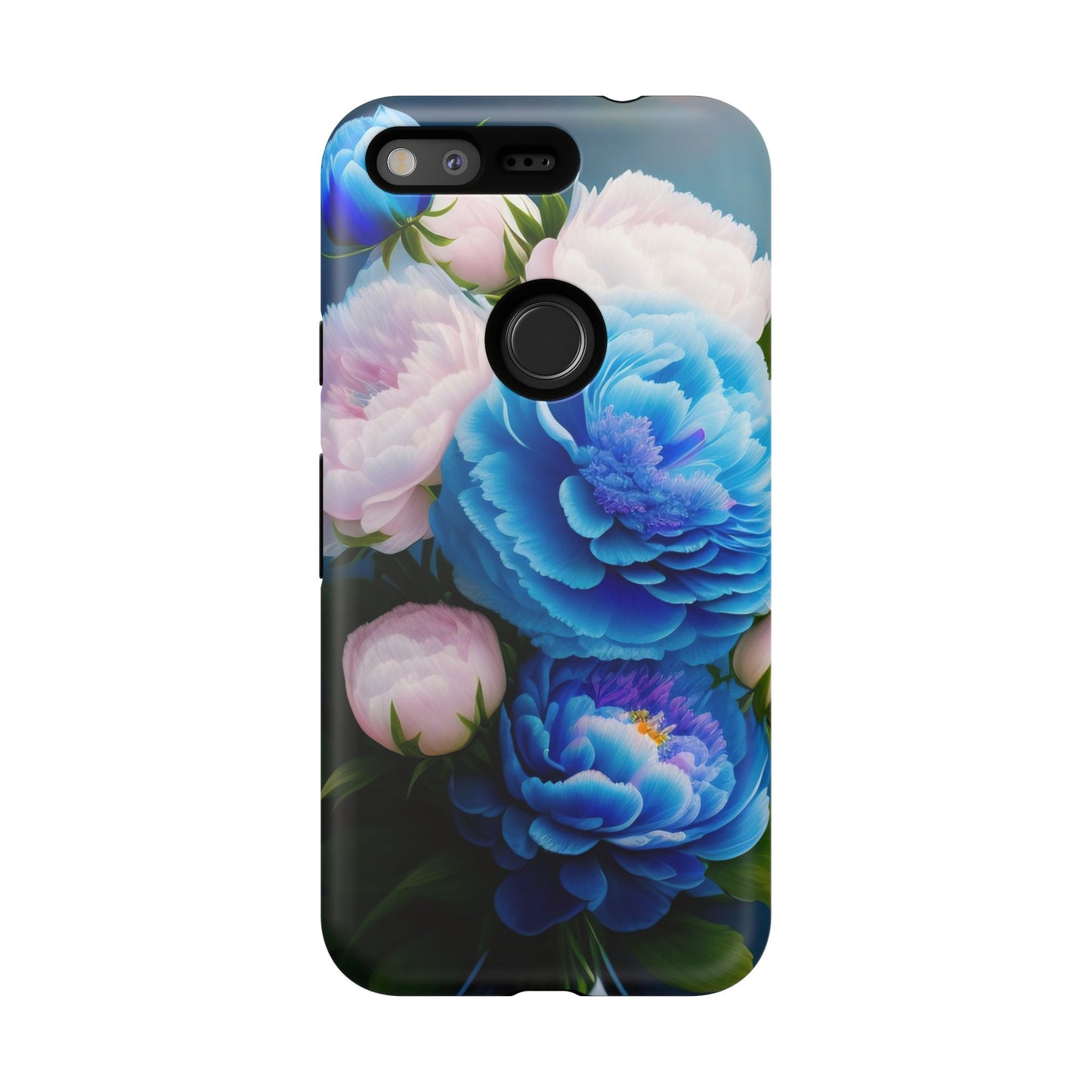 Floral Blue Peony Phone Case — Protective Tough Case with Pink & Blue Blooms