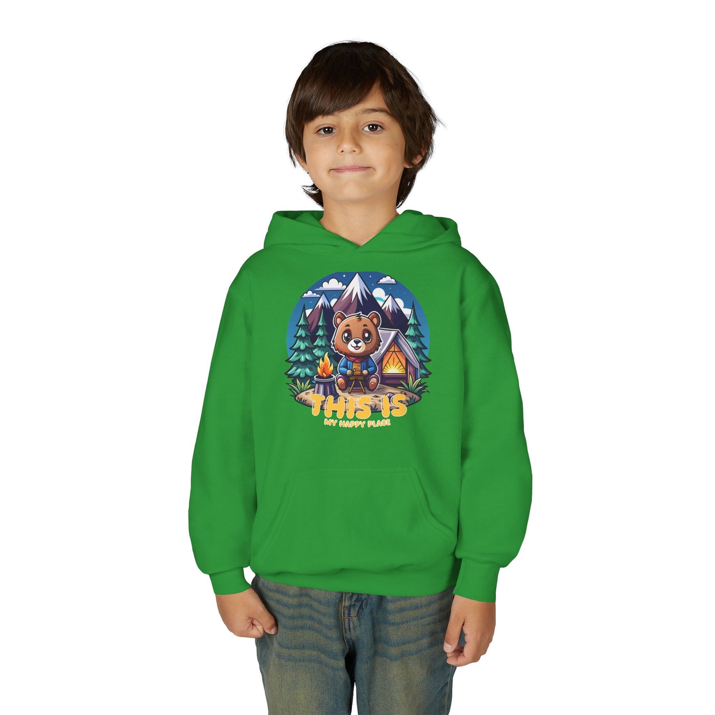 Youth Bear Camping Hoodie — "This is My Happy Place" Cozy Kid’s Outdoor Sweatshirt