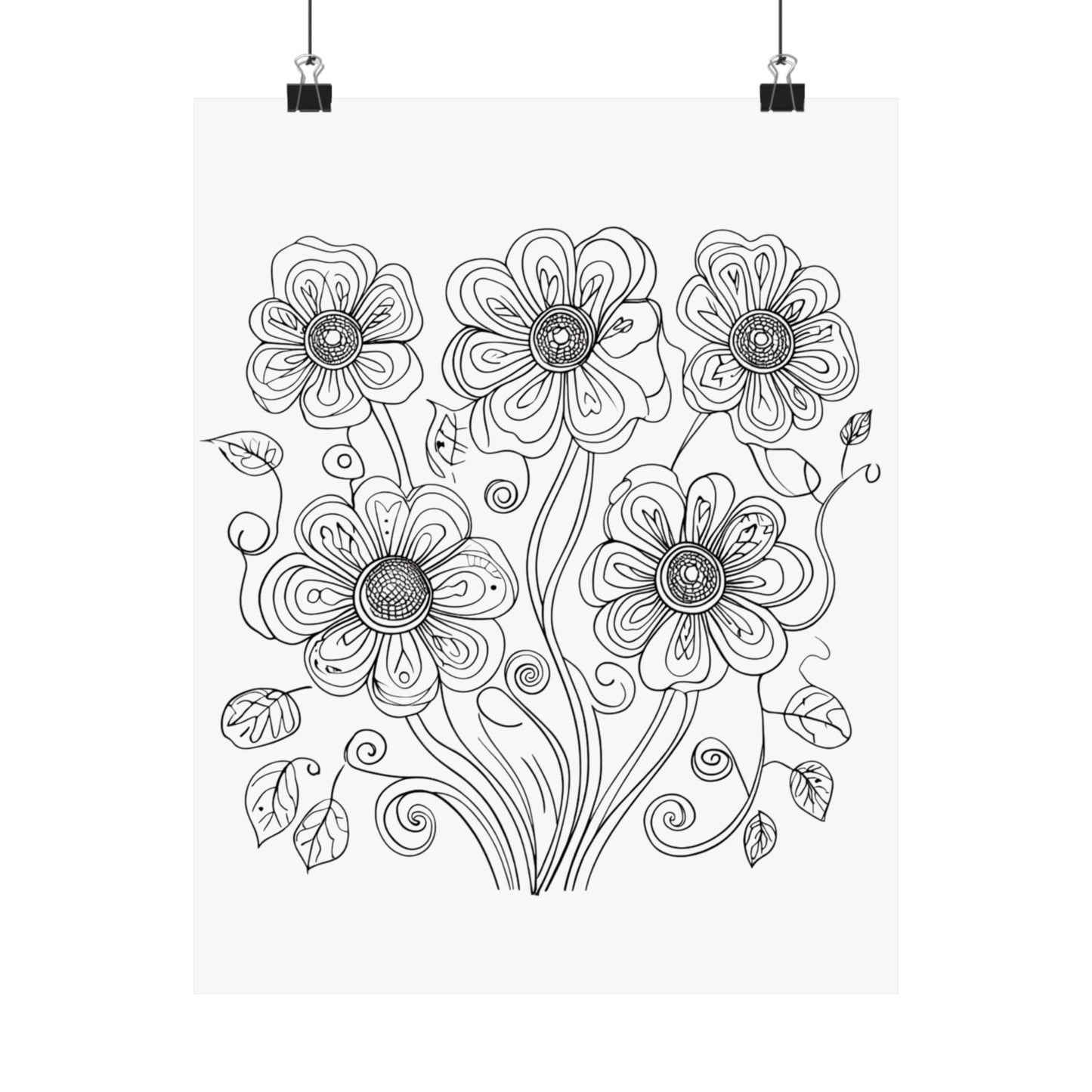 Floral Line Art Poster — Black & White Daisy Bouquet Matte Print - DIY