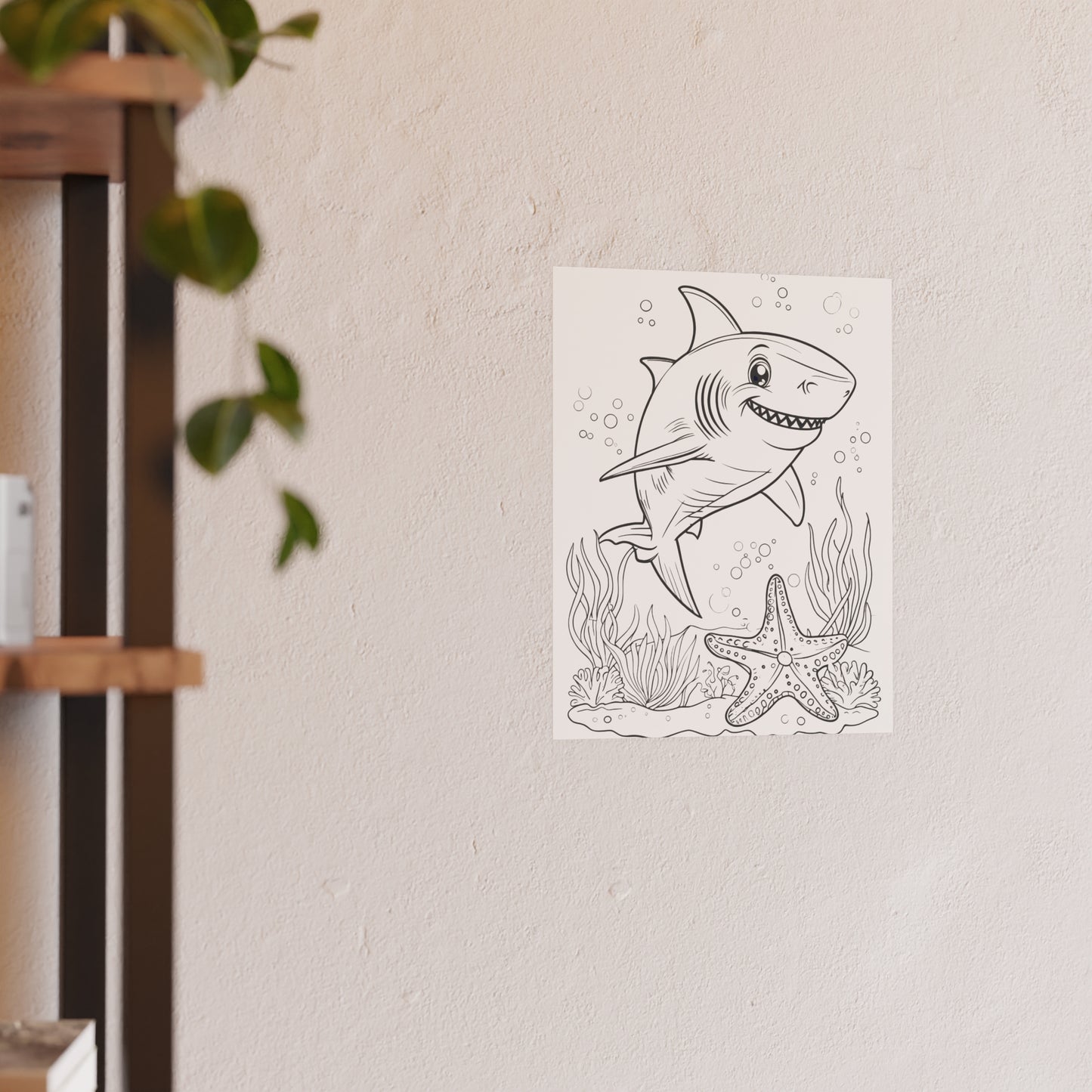 Cute Shark Coloring Poster — Satin & Archival Matte Ocean Print for Kids’ Rooms