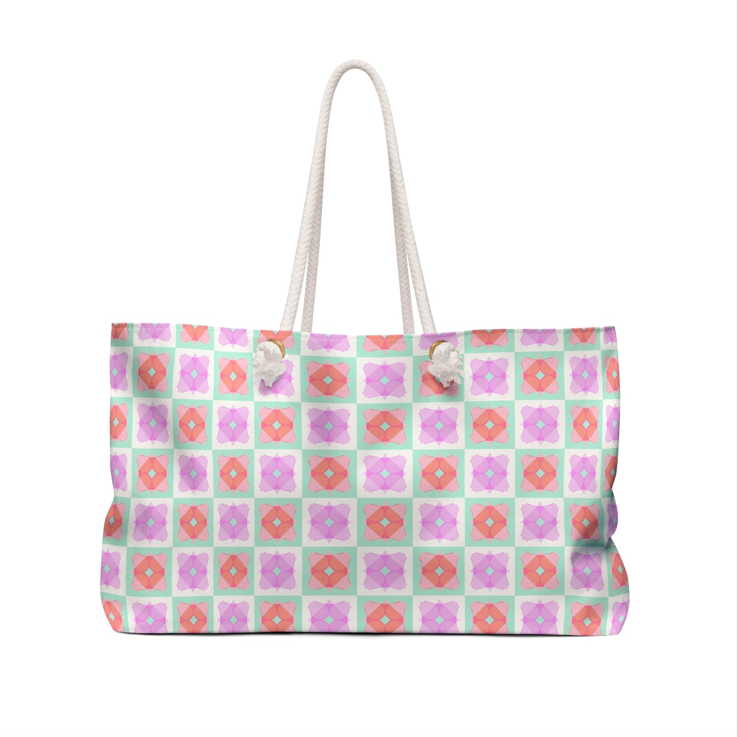 Pastel Floral Checkered Weekender Bag — Cute Pink & Mint Travel Tote