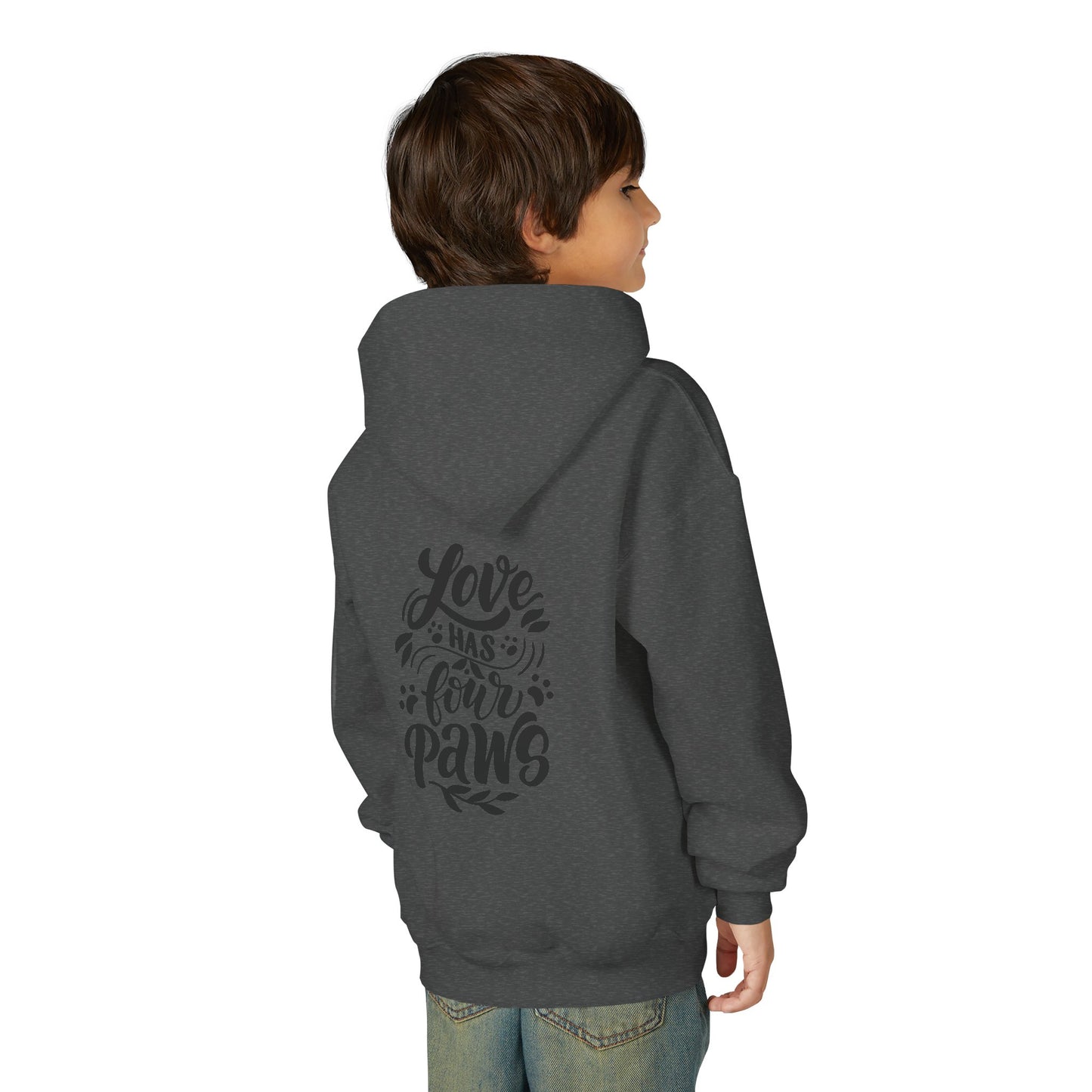 Youth Hoodie — Cute Black Shih Tzu with “Love Has Four Paws” Back Print