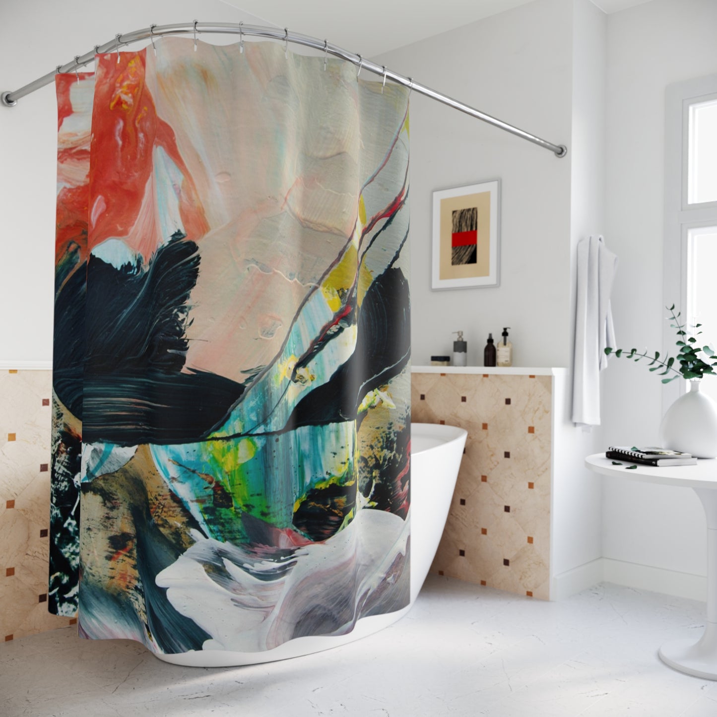 Abstract Color Splash Shower Curtain — Bold Contemporary Bathroom Art