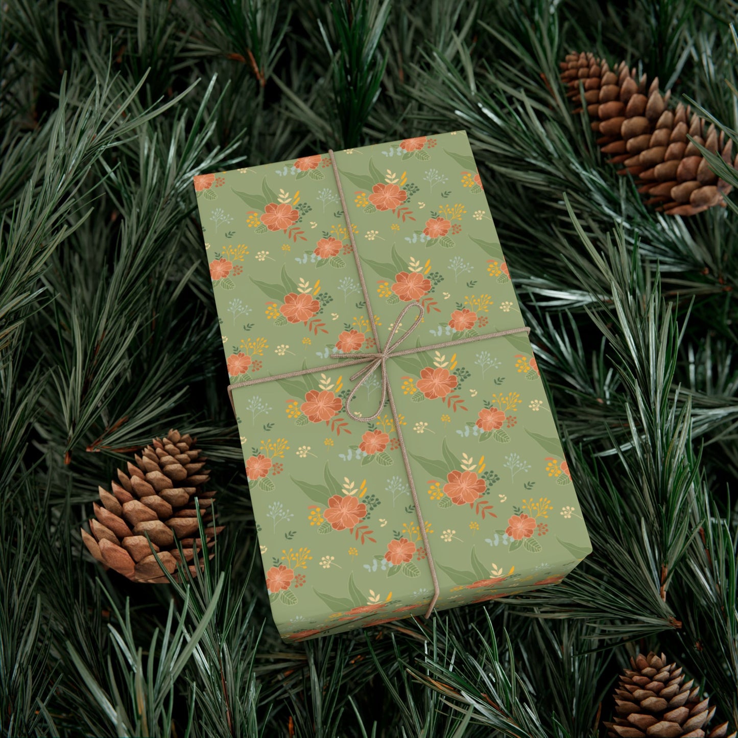 Gift Wrap Paper — Vintage Green Floral Pattern, Rose Bouquet Wrapping Sheets
